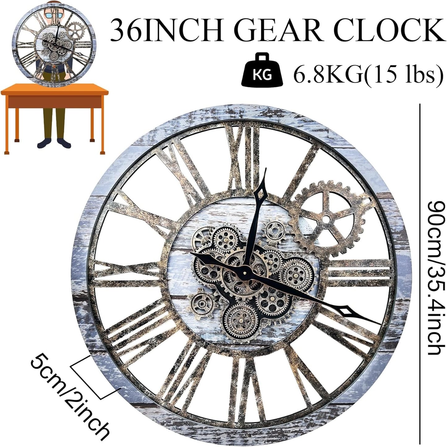 The B-Style Large Wall Clock 24 inch Moving Gear Wall Clock Oversized Vintage Farmhouse Wall Clocks for Living Room Decor Rustic Industrial Wood Clock (Aqua Green, 36 inch/90cm)