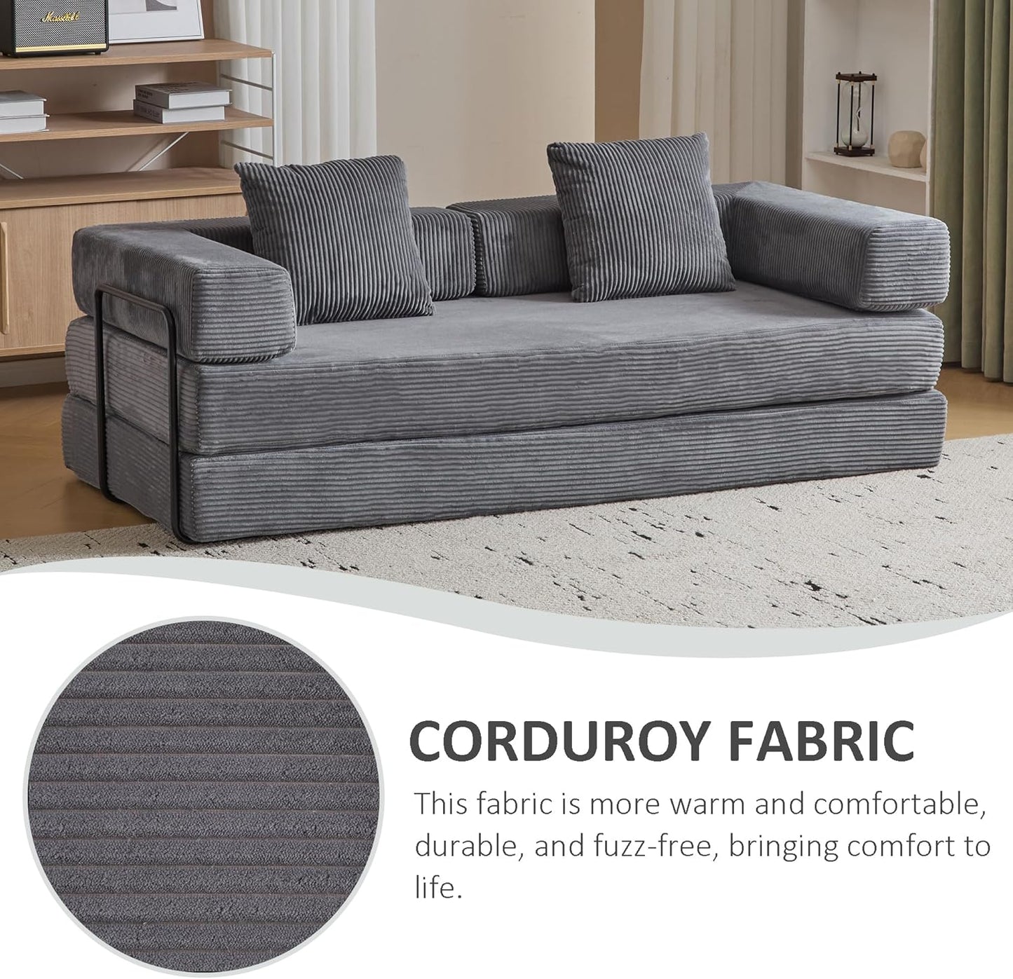 Convertible Sleeper Sofa Bed, Compression Folding Sofa with Pillow, No Assembly Required, Shape Frame, Floor Sofas Lounge Couch for Living Room, Bedroom, Small Spaces(Corduroy, 77''W, Dark Grey)