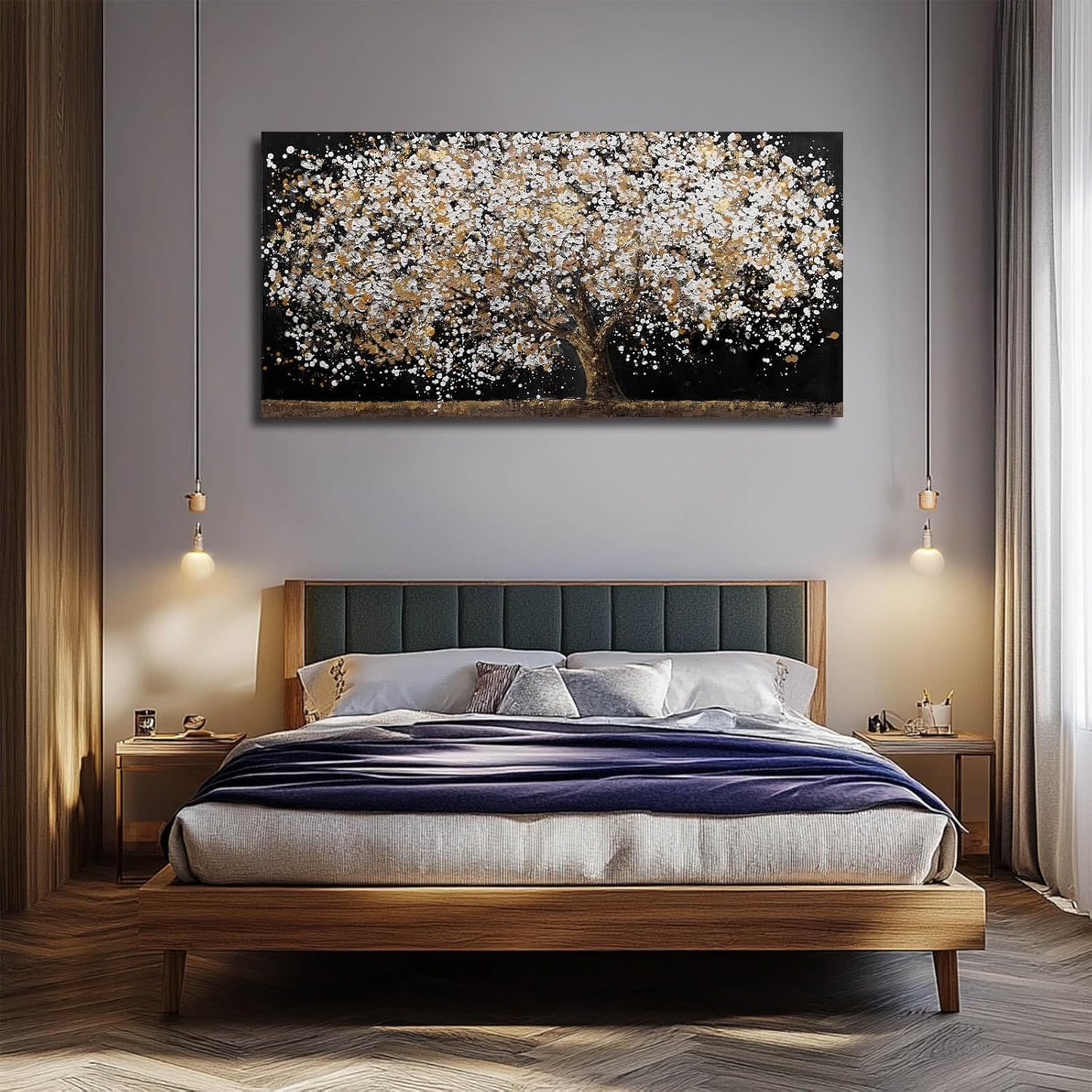 Large Wall Art for Living Room Gold Wall Decorations White Wall Pictures Tree Canvas Wall Art Decor Black Print Photos for Living Room Hotel 29"x58"