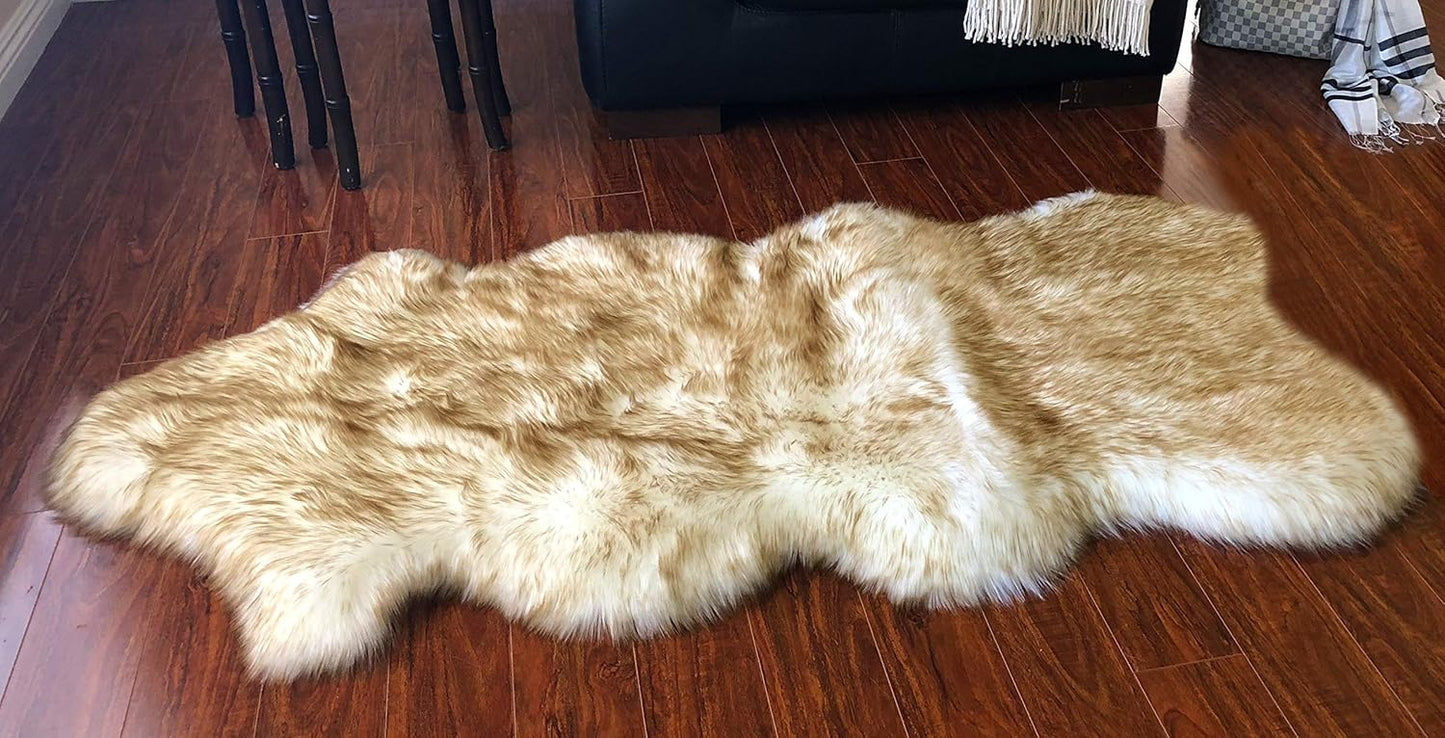 LAMBZY Faux Sheepskin Hypoallergenic Free Shape Silky Shag Rug, Luxury Shaggy Silky Plush Carpet for Bedrooms Rugs Living Sofa Floor (Single and a Half 2'x4', 60x120 cm White with Brown Tips)