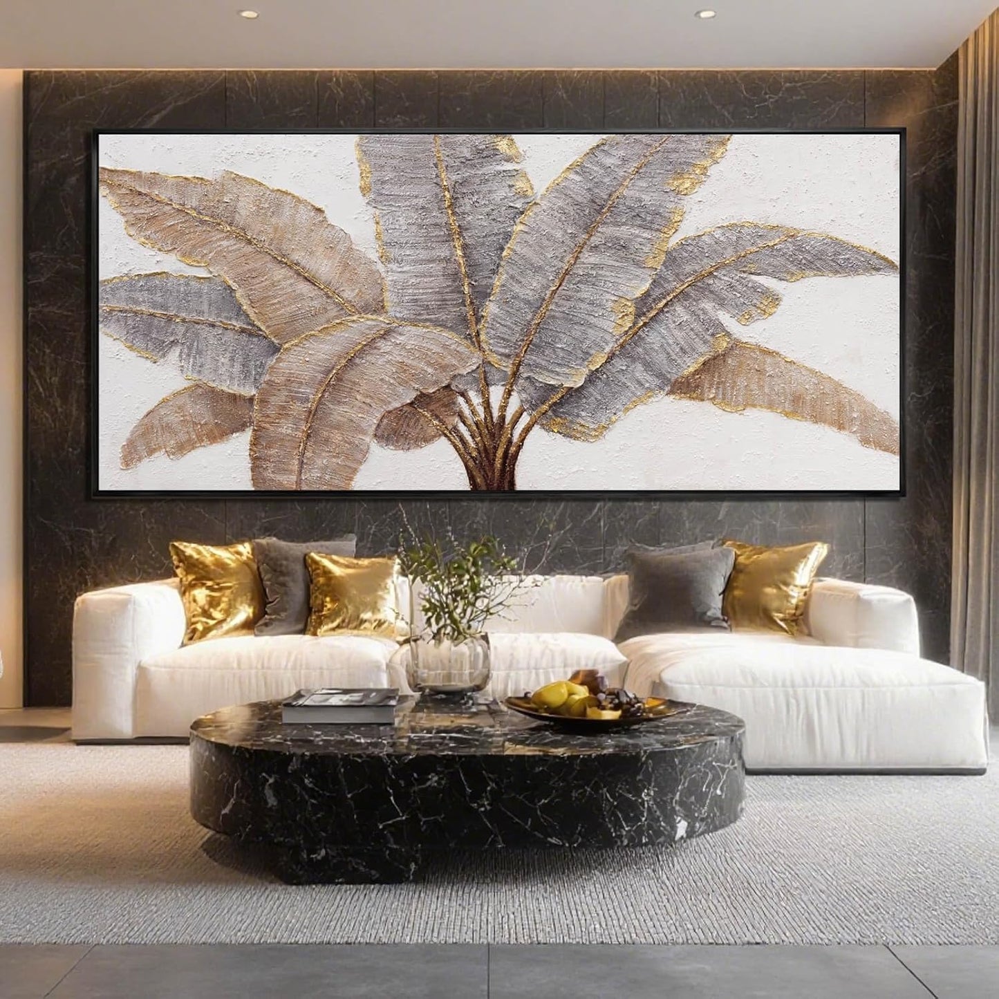 Gold Line Canvas Wall Art Leaves Wall Decor Modern Art Prints 32"x70" Bedroom Artwork for Wall Over Bed Art for Living Room