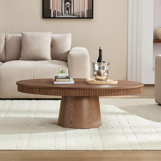 Modern Oval Coffee Table with Wood Pedestal,47.24" Farmhouse Center Table for Living Room, Ellipse Coffee Tables Tea Table for Bedroom, Apartment-Walnut