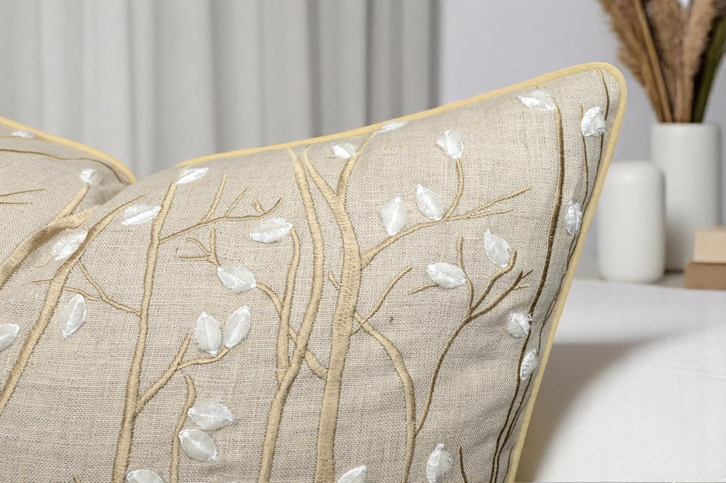 VAGMINE Embroidered Forest Throw Pillow Cover - 20x20 Inches Square - 100% Linen Natural Decorative Cushion Cover - Elegant Embroidery - Rustic Home Accent for Sofa, Bed, Couch, Farmhouse Décor