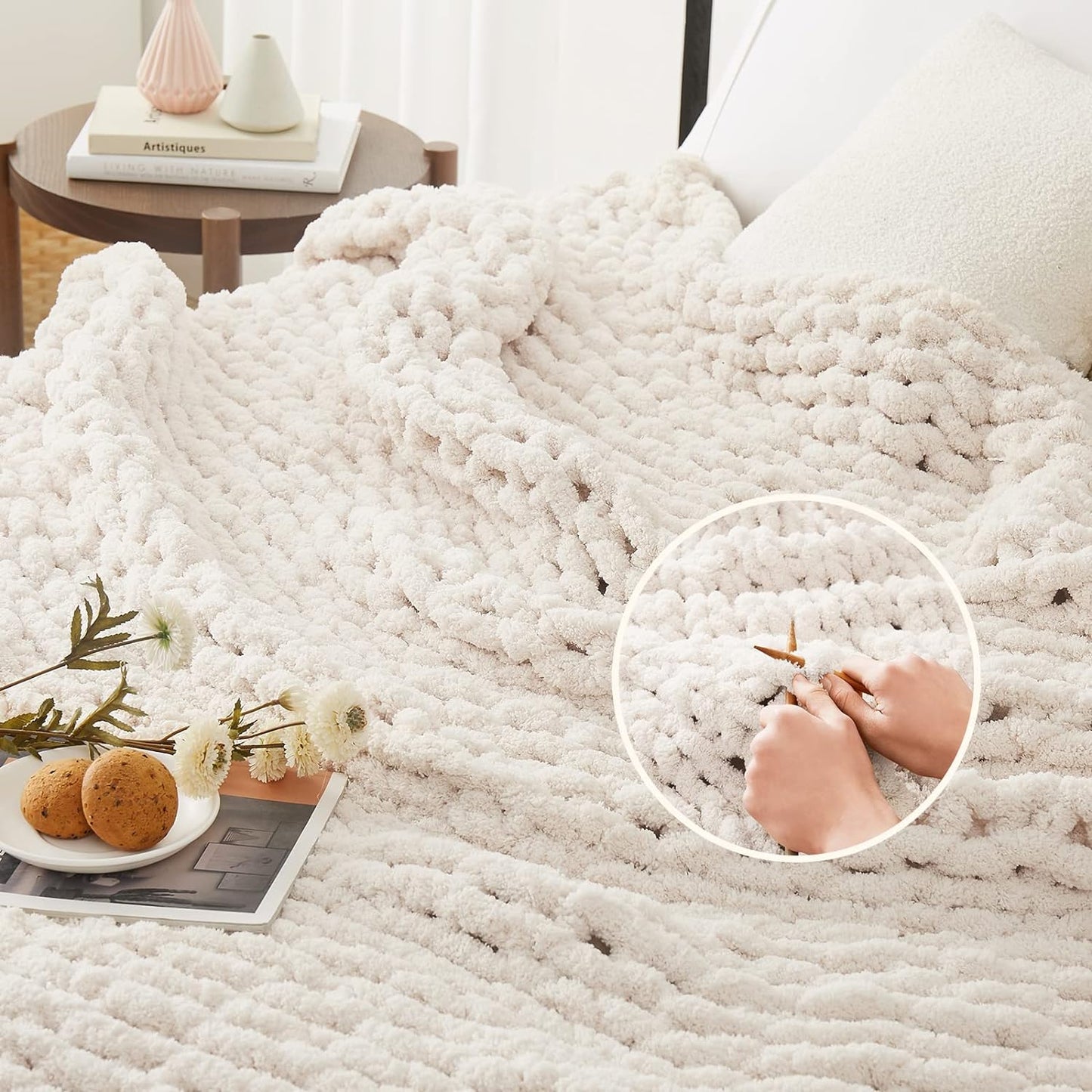 L'AGRATY Chunky Knit Blanket Throw: 72''x84'' Chenille Chunky Knitted Throw Blanket for Bed Couch - Handmade Thick Big Cable Knit Blanket - Large Chunky Crochet Rope Blanket for Home Decor(Ivory)