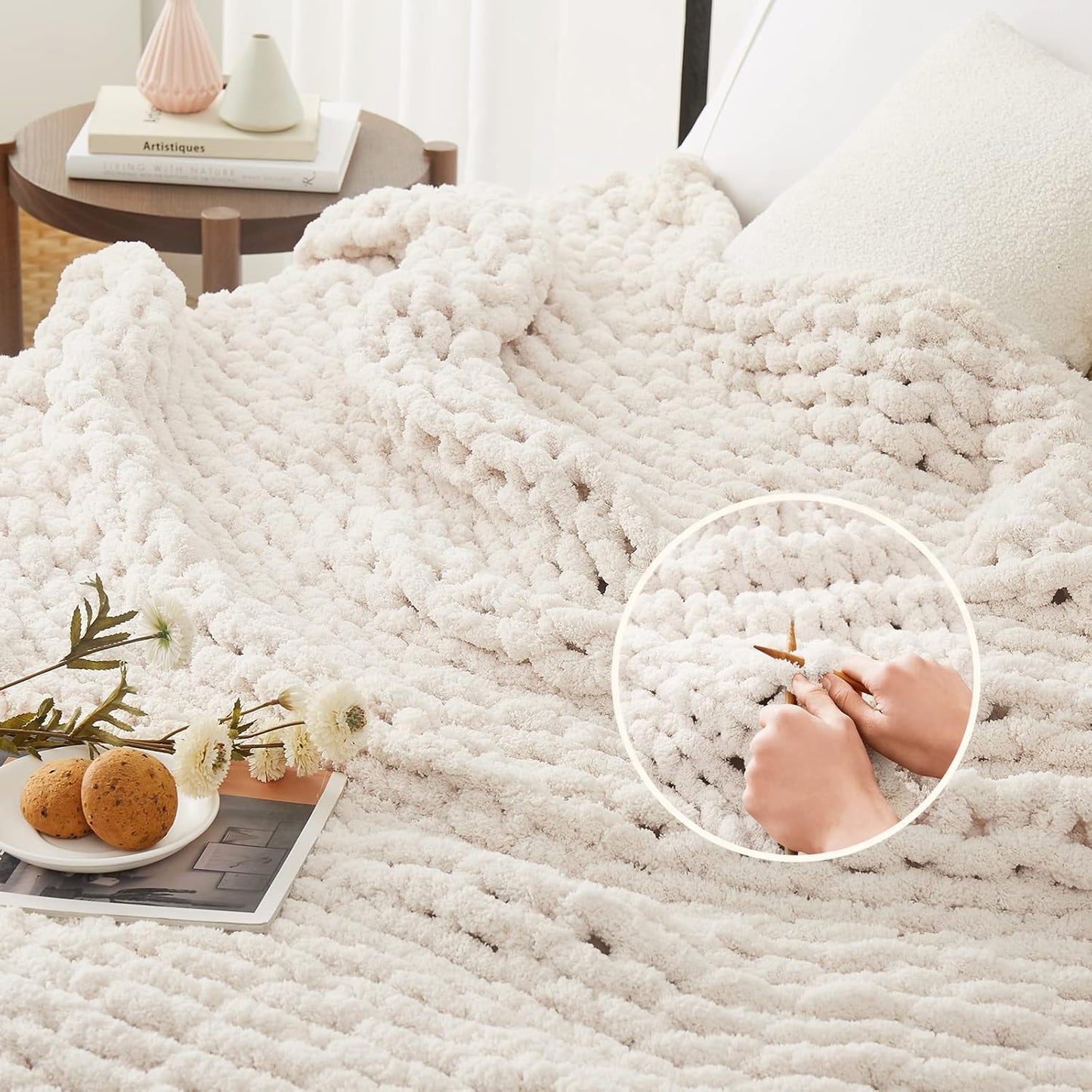 L'AGRATY Chunky Knit Blanket Throw: 80''x90'' Chenille Chunky Knitted Throw Blanket for Bed Couch - Handmade Thick Big Cable Knit Blanket - Large Chunky Crochet Rope Blanket for Home Decor(Ivory)