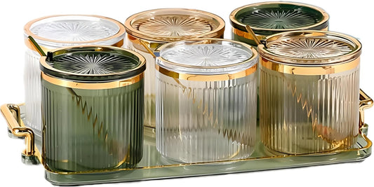 Acrylic Condiment Spice Jars,Condiment Spice Box With Lids and Spoons and Tray,Clear Plastic Condiment Canisters,Seasoning Box 6 Pack,Seasoning Box Set for Kitchen to Storage Salt,Paprika,Sugar