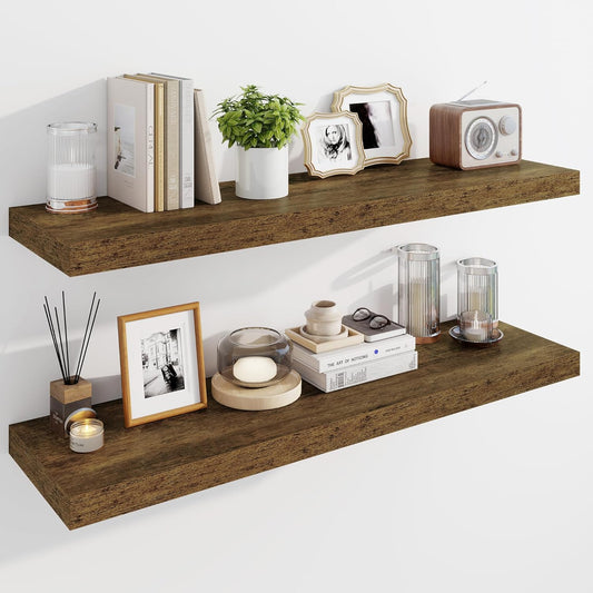Marsmiles 39" Floating Shelves for Wall, Wooden Shelves with Invisible Brackets Set of 2, Rustic Farmhouse Wall Mounted Shelf for Kitchen Bathroom Living Room Study, Rustic Brown