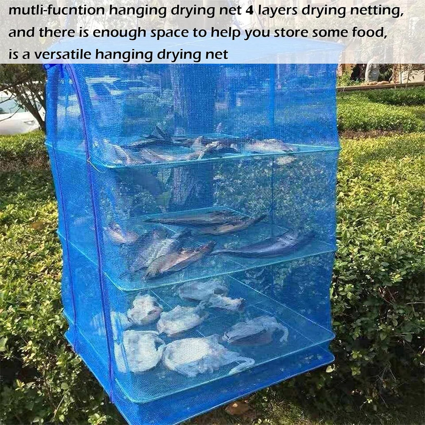 Drying Rack 4 Layers Folding Mesh, Foldable Nylon Netting, Hanging Drying Net, for Shrimp, Fish, Fruit, Vegetables, Herb, with Zipper Opening - Blue (25.59X13.78X13.78 in)
