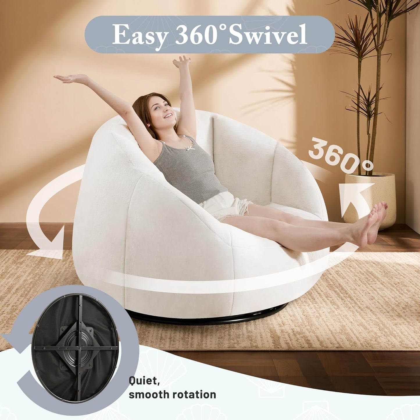 Giant Bean Bag Swivel Chair for Adults - Comfy Plush Round Shell Soft Accent Chaise Lounge Indoor Chair, Oversized Cozy Floor Sofa for Living Room, Bedroom & Game Rooms, Beige