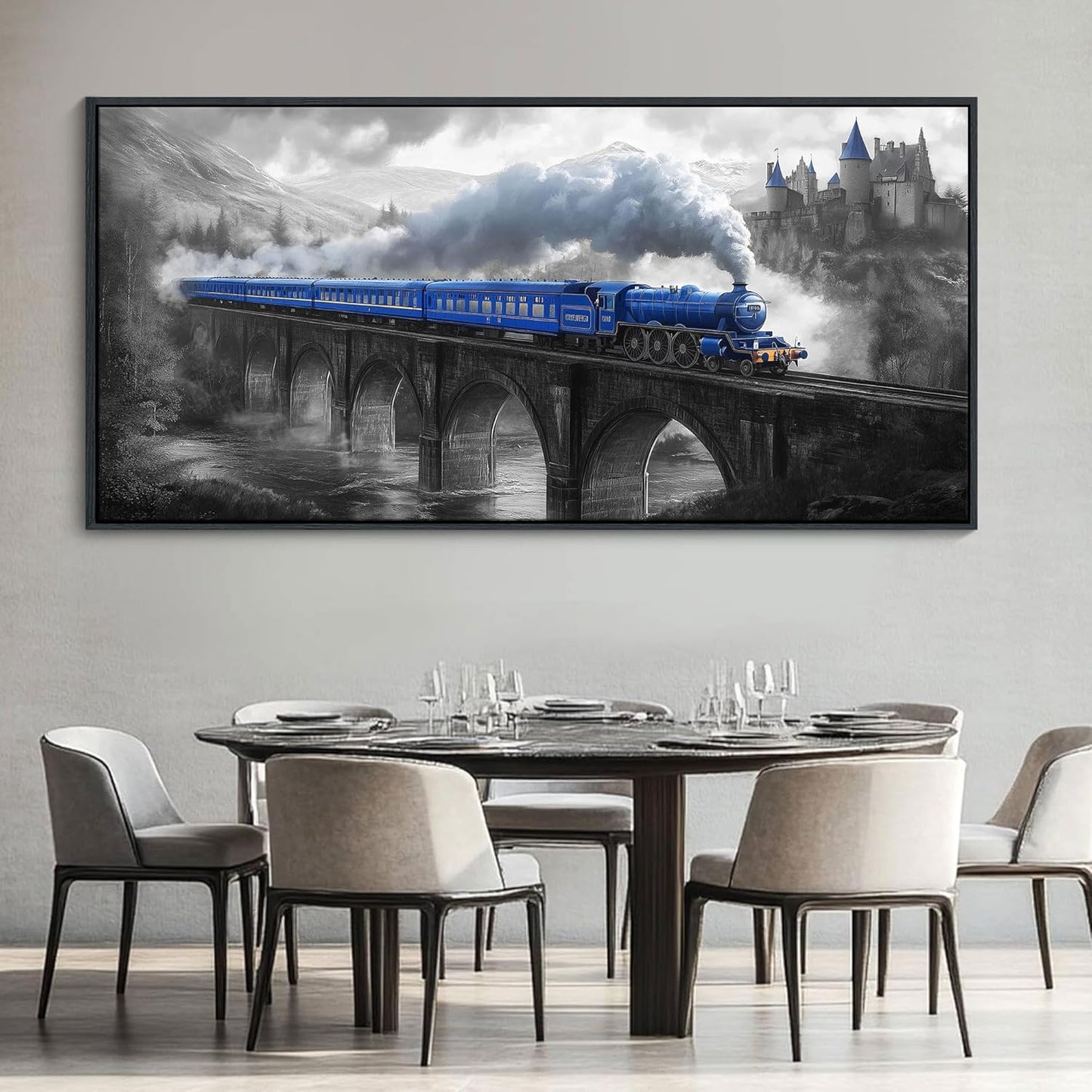 JEAWA Large Framed Canvas Painting - Blue White Gray Landscape Wall Art, Picture with Castle Bridge Train, Modern Art Prints for Living Room Bedroom Home Decoration, 29x58 IN