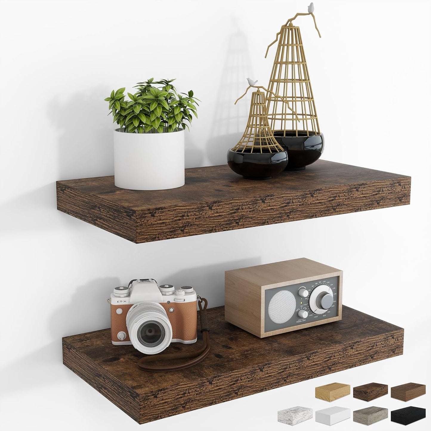 RICHFOCUS 16Inch Floating Shelves for Wall 2 Pack Shelves for Bedroom|Kitchen|Bathroom Wall Mounted Rustic Wood Floating Shelf with Invisible Brackets for Books|Storage|Decor, Rustic Brown
