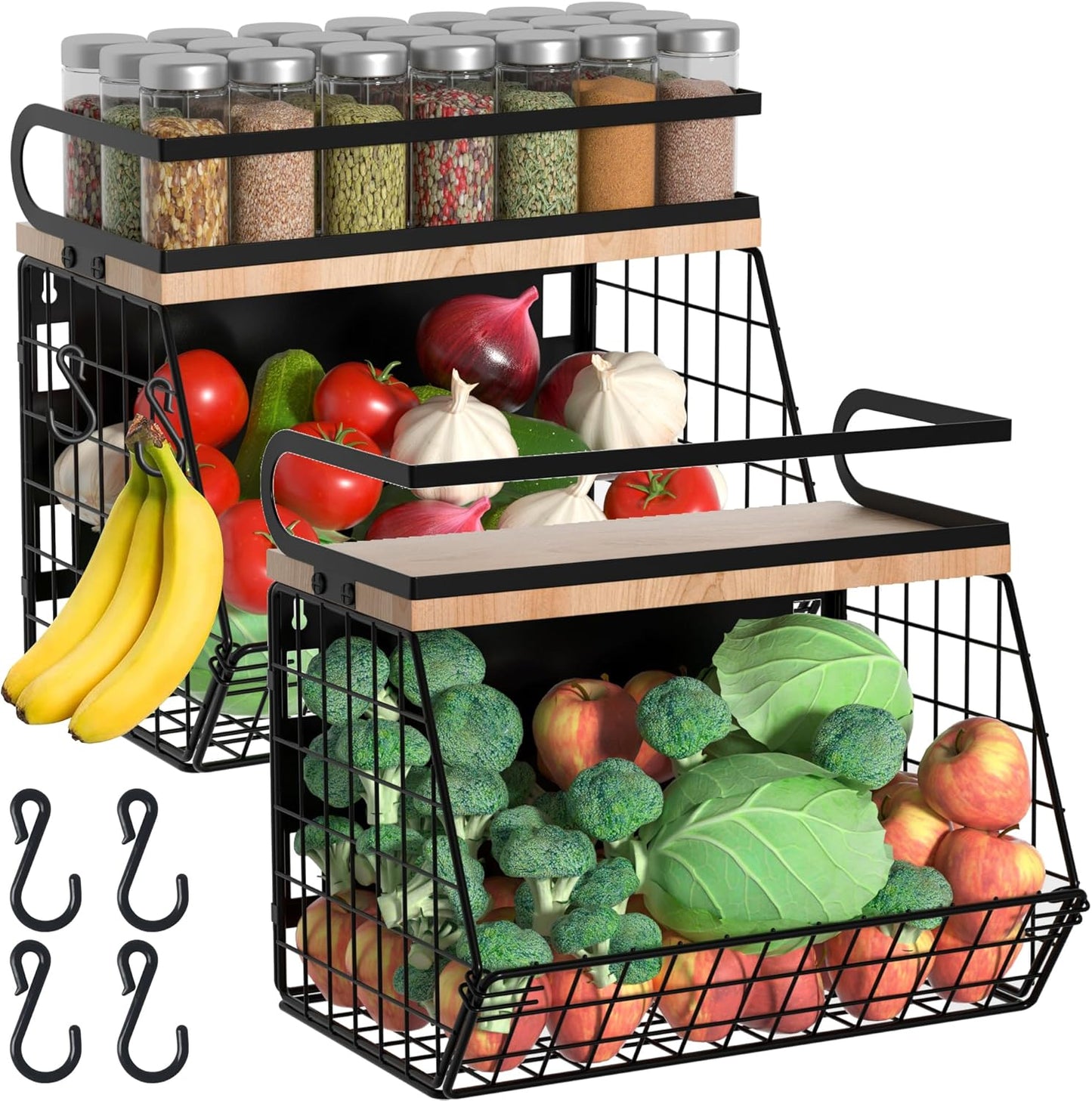 Magnetic Spice Rack for Refrigerator, Fruit, Potato & Onion Storage Bin,Large Capacity Magnetic Shelves for Side of Refrigerator, Kitchen Organizers and Storage Countertop,2 Pack Black