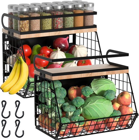 Magnetic Spice Rack for Refrigerator, Fruit, Potato & Onion Storage Bin,Large Capacity Magnetic Shelves for Side of Refrigerator, Kitchen Organizers and Storage Countertop,2 Pack Black