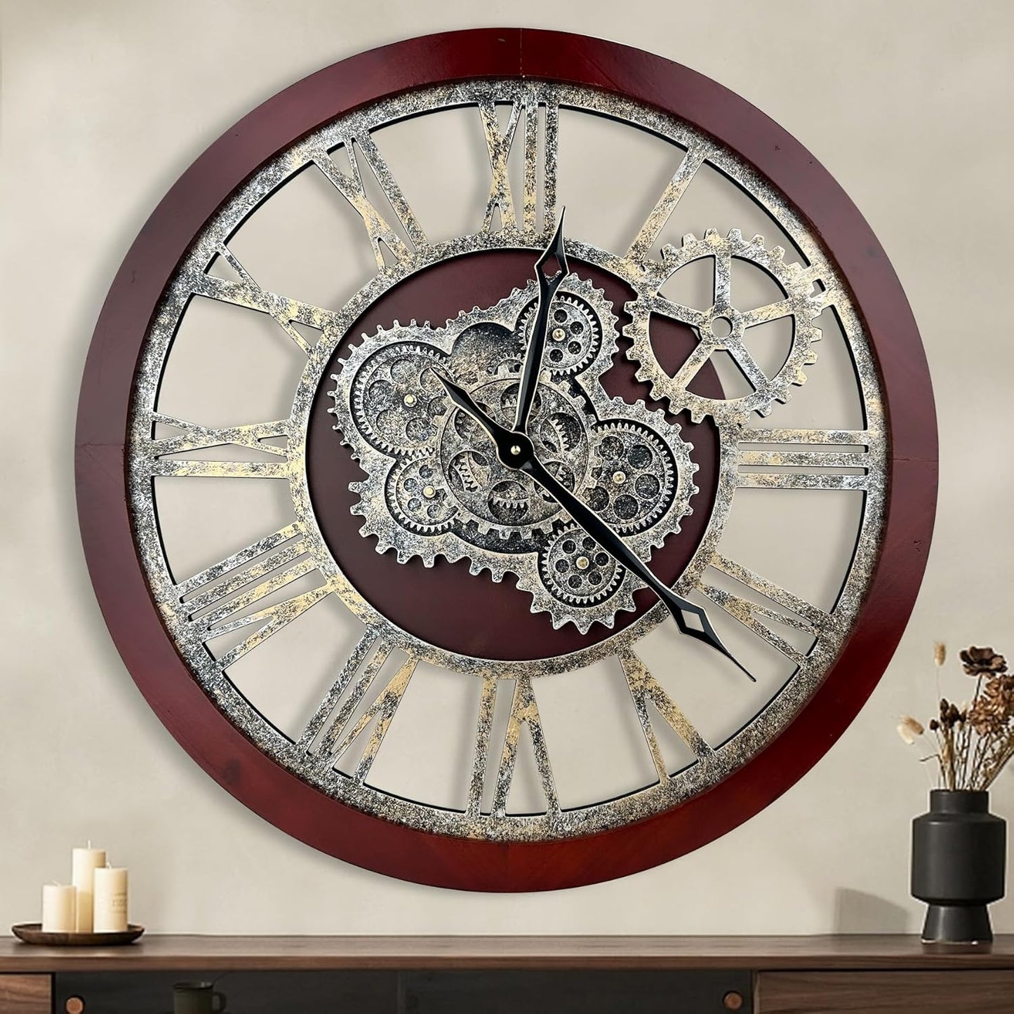 HOIBAI Large Wall Clock, Wall Clocks for Living Room Decor 30 Inch Farmhouse Vintage Rustic Kitchen Wall Decor Vintage Roman Oversized Wall Clock for Home Bedroom House, Moving Gears Clock