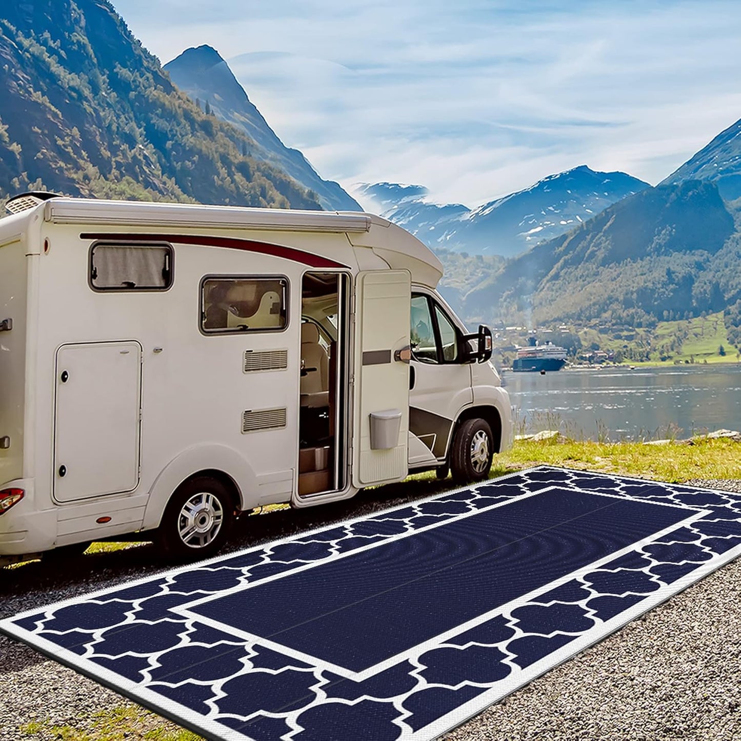 GENIMO 10 ' x 20 ' Outdoor Rug Waterproof for Patio Decor, Foldable Reversible Plastic Straw Area Rugs Mat for Camper, Outside Carpet for Rv, Deck, Porch, Picnic, Beach, Balcony, Blue & White