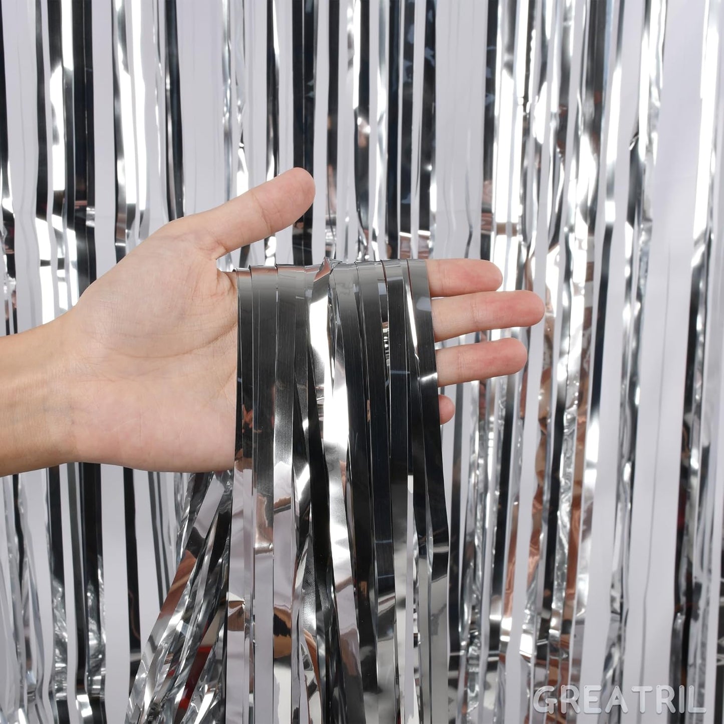 Silver Streamers Metallic Party Backdrop - GREATRIL Foil Fringe Tinsel Curtain for 2026 NYE/Birthdays/Prom/New Years/Graduations/Photo Booth, 8.2ft x 3.2ft - Pack of 2