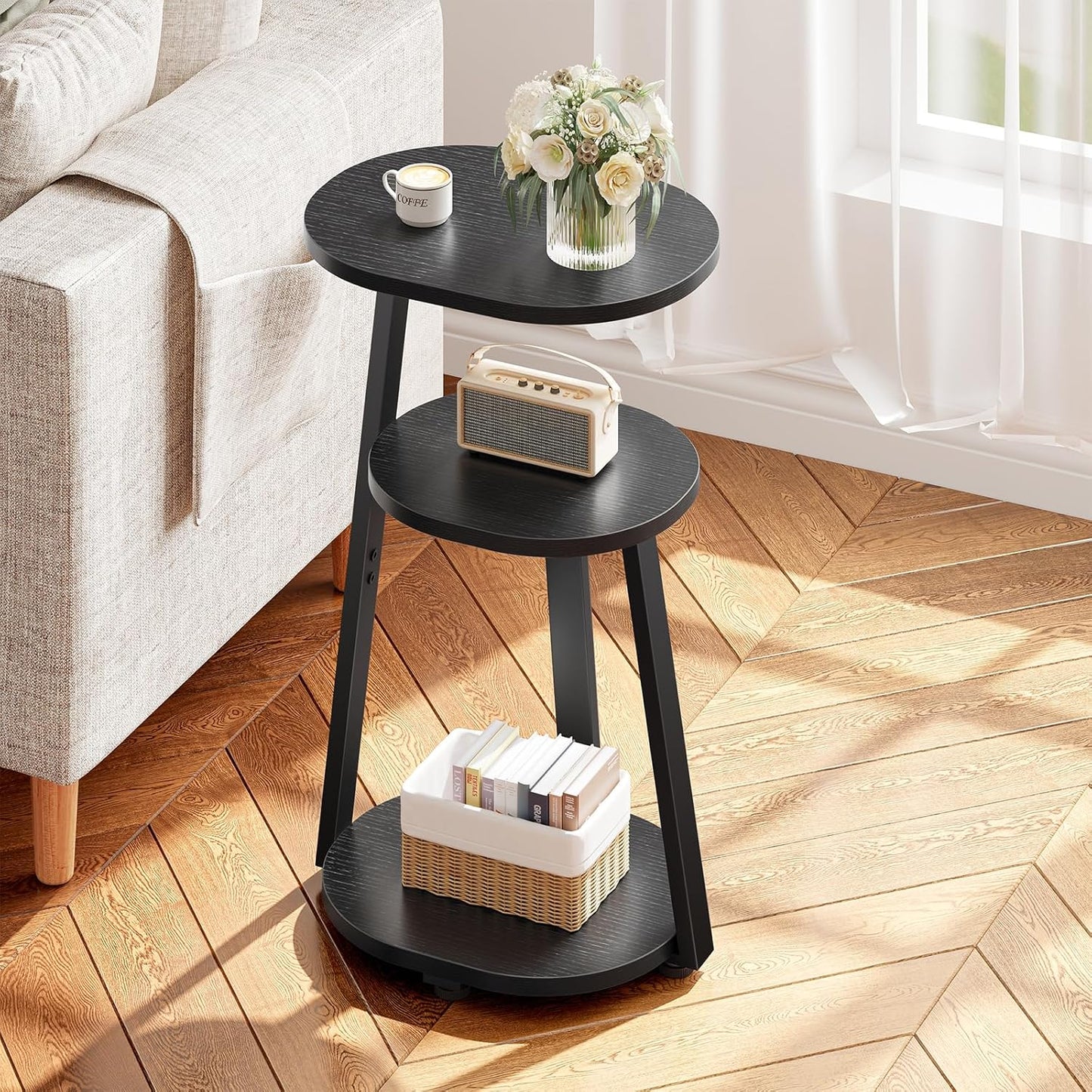 Side Table, Small End Table with Metal Frame, 3-Tier Bedside Tables, Round Side Tables for Living Room Bedroom Couch Bathroom, Oval, Pure Black