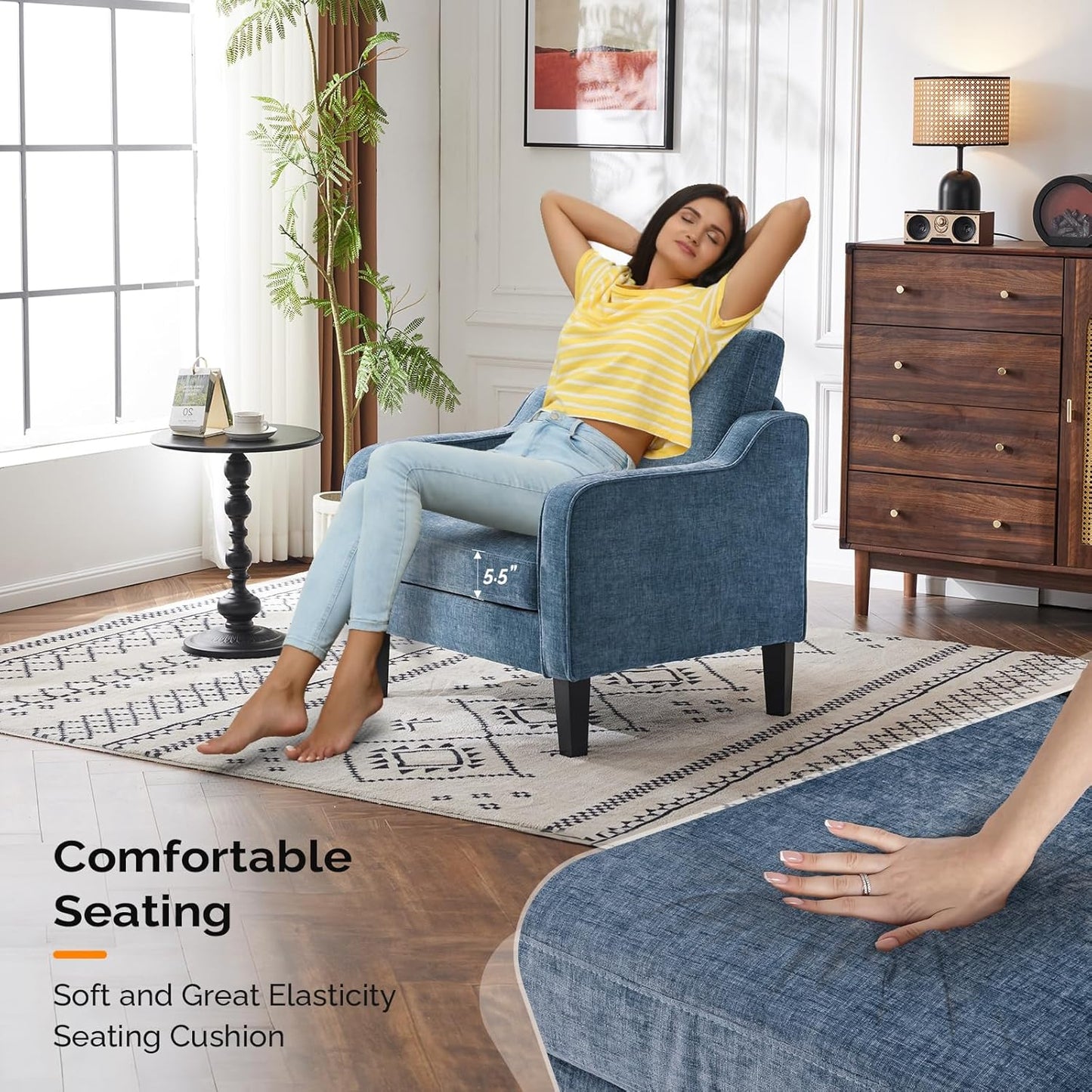 VINGLI Mid Century Modern Accent Chair,Navy Blue Chenille Chairs for Living Room Upholstered Armchair with Scooped Arms for Bedroom,Apartment,Studio,Office,Waiting Room