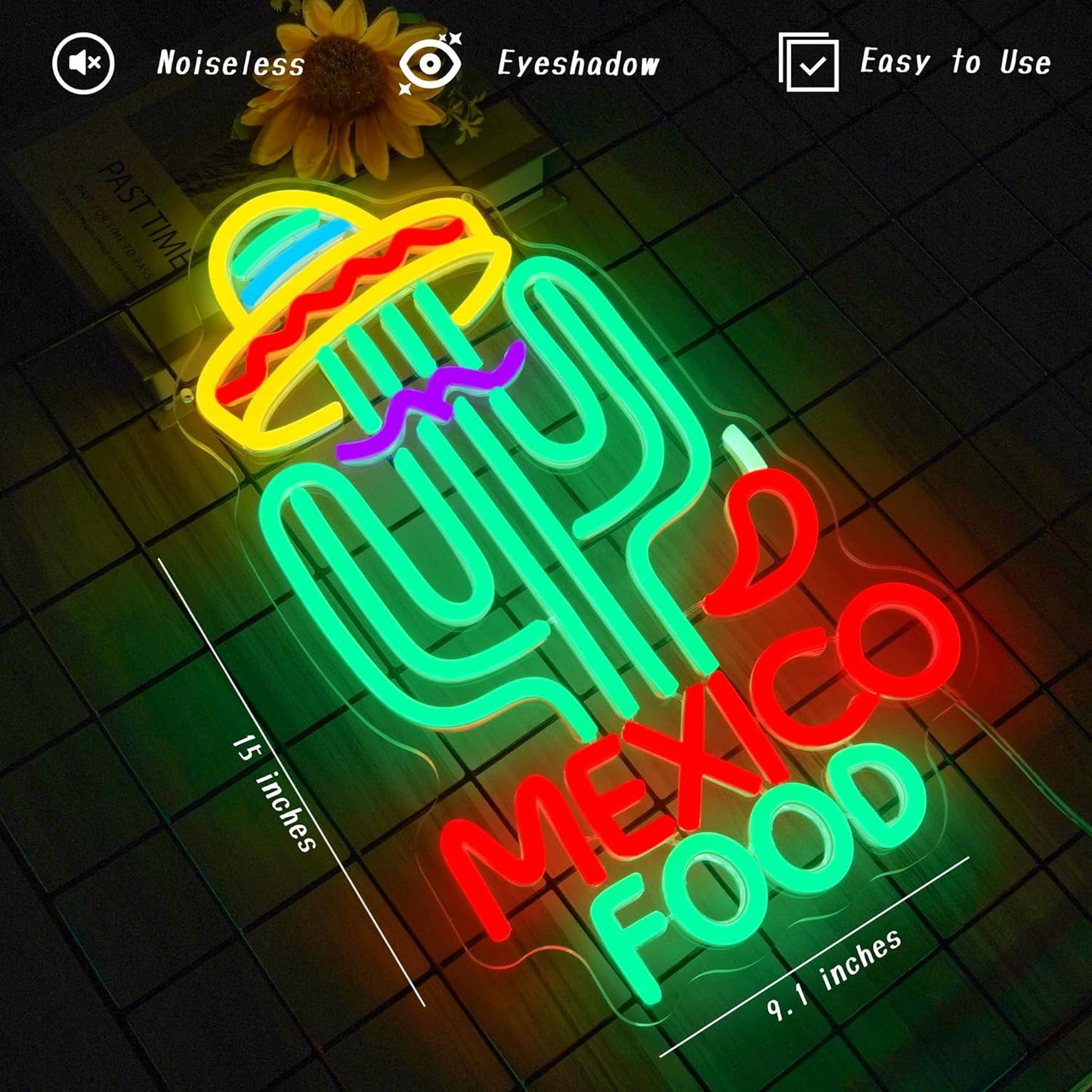 Mexican Food Neon Sign Cactus Neon Lights Dimable Colorful LED Mexican Art Lights Wall Decor for Mexican Restaurants Bars Food Trucks Unique Gift for Taco Enthusiasts Fiesta Parties (15×9.1inch)
