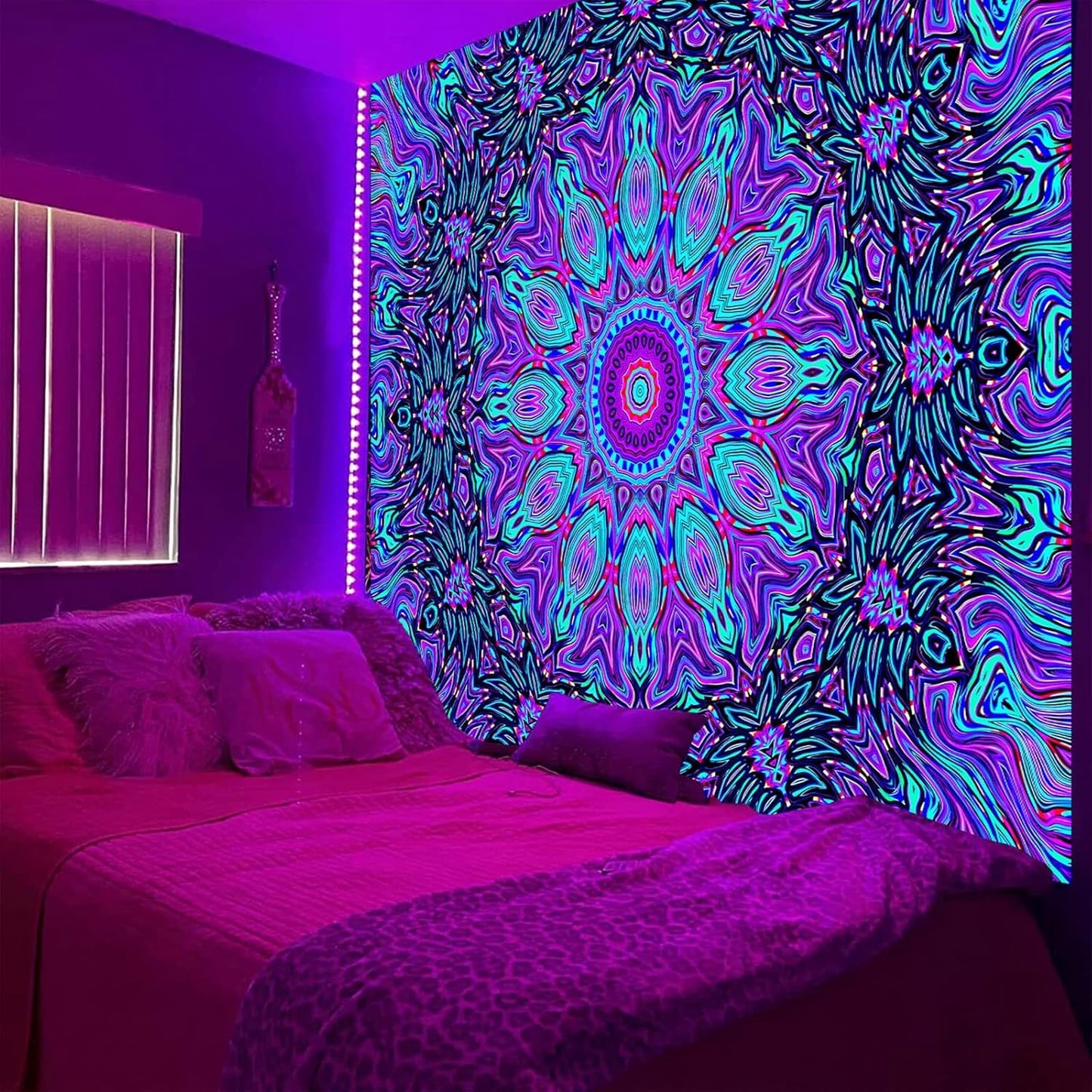 PSYHILAR Blacklight Mandala Tapestry for Bedroom, Psychedelic Black Light Posters for Adults and Teens, Neon UV Reactive Aesthetic Bohemian Art Wall Hanging Decor (60 x 50 Inches)