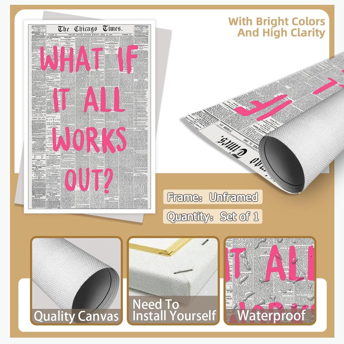 Liyark Retro Trendy Newspaper Canvas Wall Art - 'What If All Works Out' Positive Affirmation Quote - Pink Font - Minimalist Home Decor - 12x16in Unframed