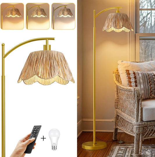 Oneach Boho Floor Lamp with 3 Color Temperatures, Farmhouse Floor Lamps for Living Room with Remote & Dimmable Bulb, Rattan Floor Lamp for Bedroom, Gold