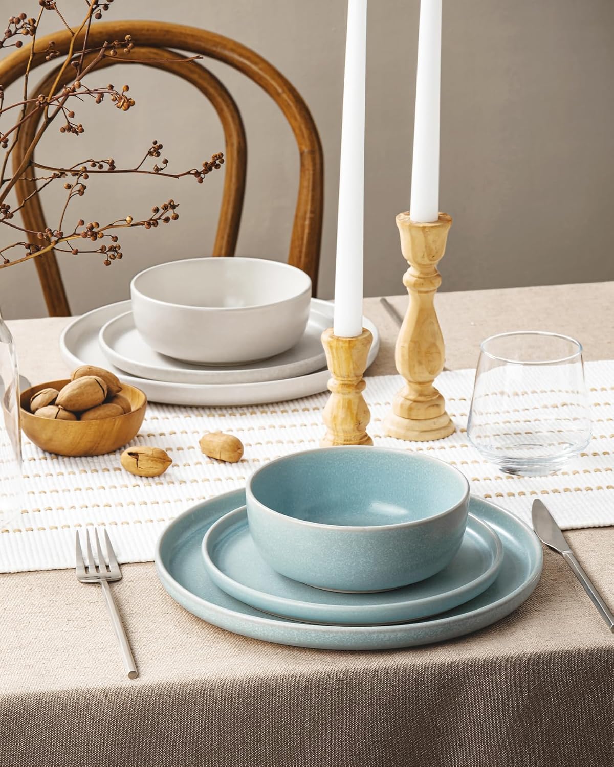 Famiware Milkyway Plates and Bowls Sets, 12 Pieces Dinnerware Sets, Reactive Glaze Dish Set, Stoneware Dishes Set for 4, Matte White & Light Blue