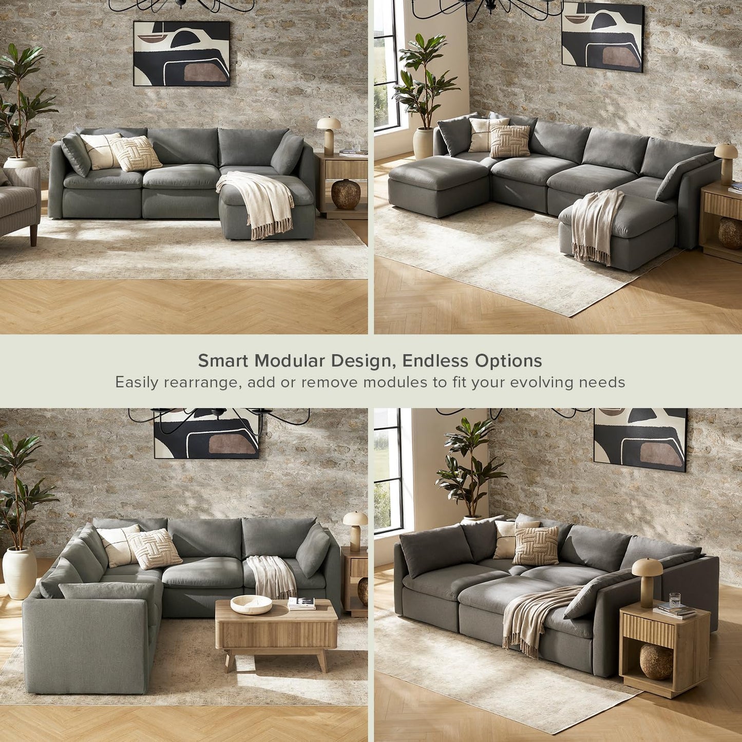 mopio Oversized Modular Sectional Sofa with Fully Removable Covers and Storage, Convertible U, L-Shaped and Sleeper Sectional, Modern Couches with Ottoman Chaise (Stone Gray Fabric, 4 Seats, L)