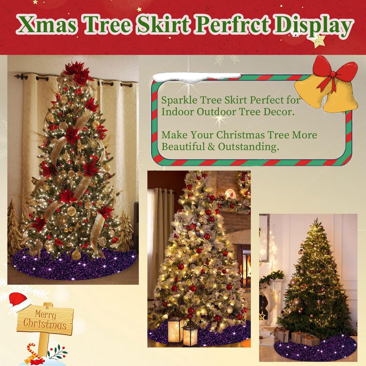 Purple Christmas Tree Skirts 21 Inch Xmas Tree Collar with Velvet Fabric Luxury Shiny Christmas Tree Mat Round Table TopTree Blanket Decoration for Happy New Year Christmas Party Holiday Birthday