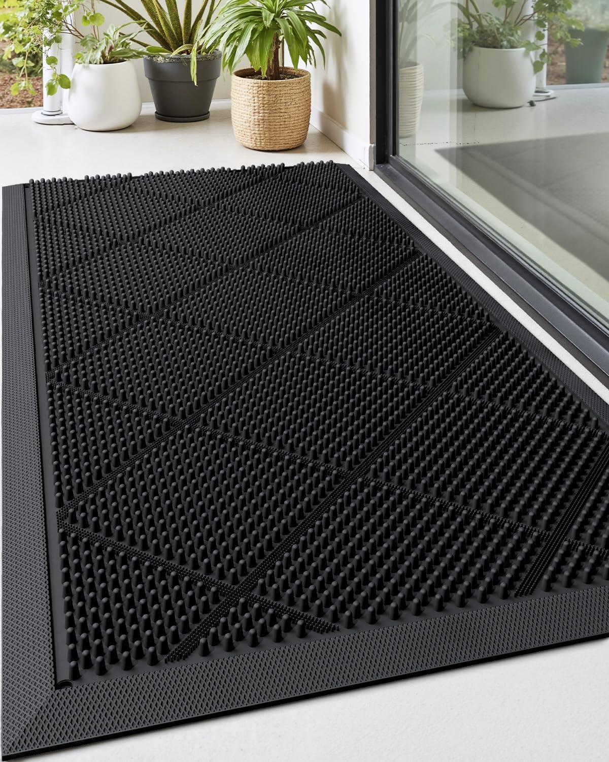 DEXI Front Door Mats Outside Entrance, 17x36 Rubber Waterproof Dirt Trapping Entry Mat for Entryway, Heavy Duty Non-Slip Low-Profile Welcome Doormat All Weather for Patio, Black