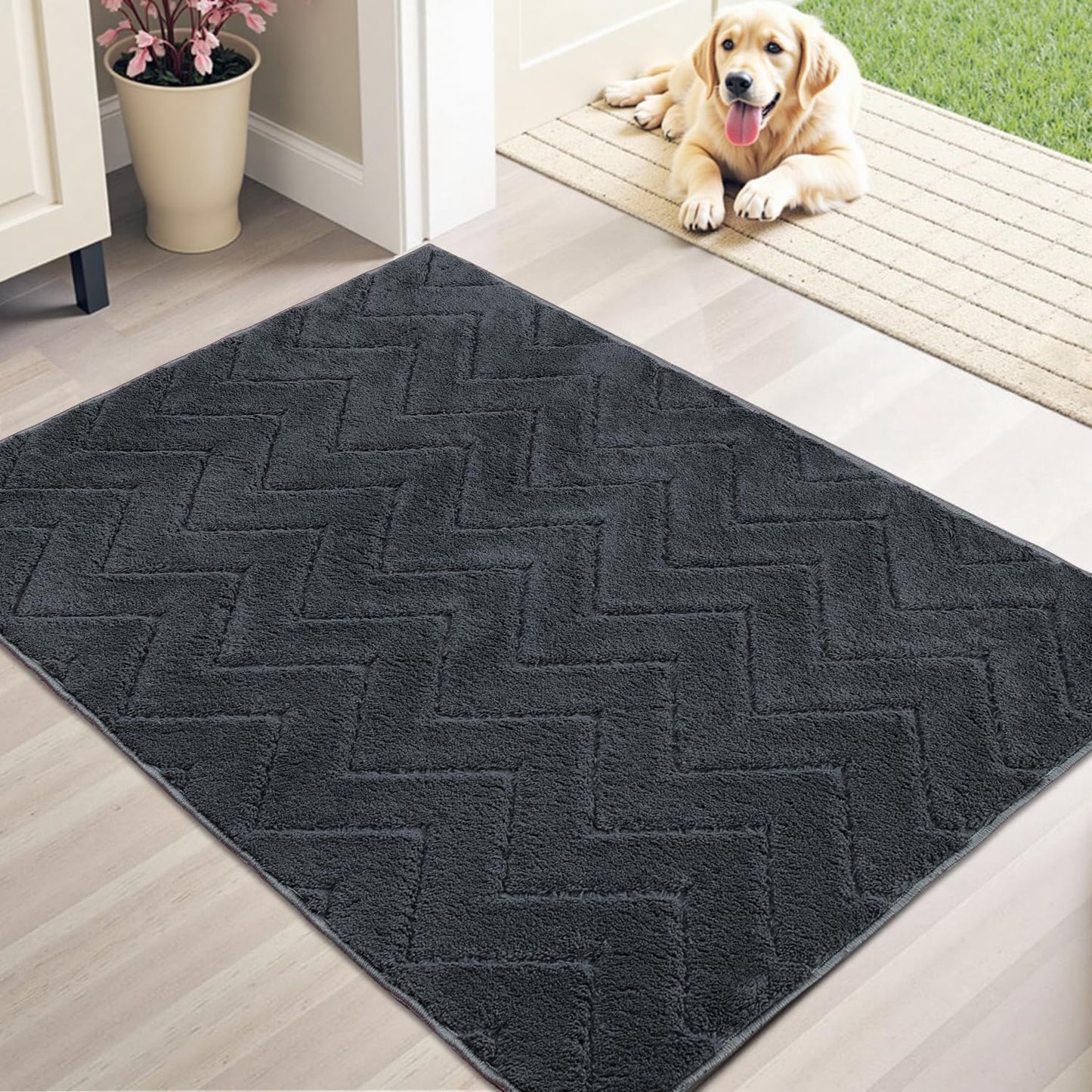 Stiio Dirt Trapper Door Mat 24x35.5 Inches, Front Doormat Indoor Outdoor Entrance Low Pile, All-Season, All-Weather Absorbent Entry Rug, Washable Non Slip Rug for Entryway, Dark Grey
