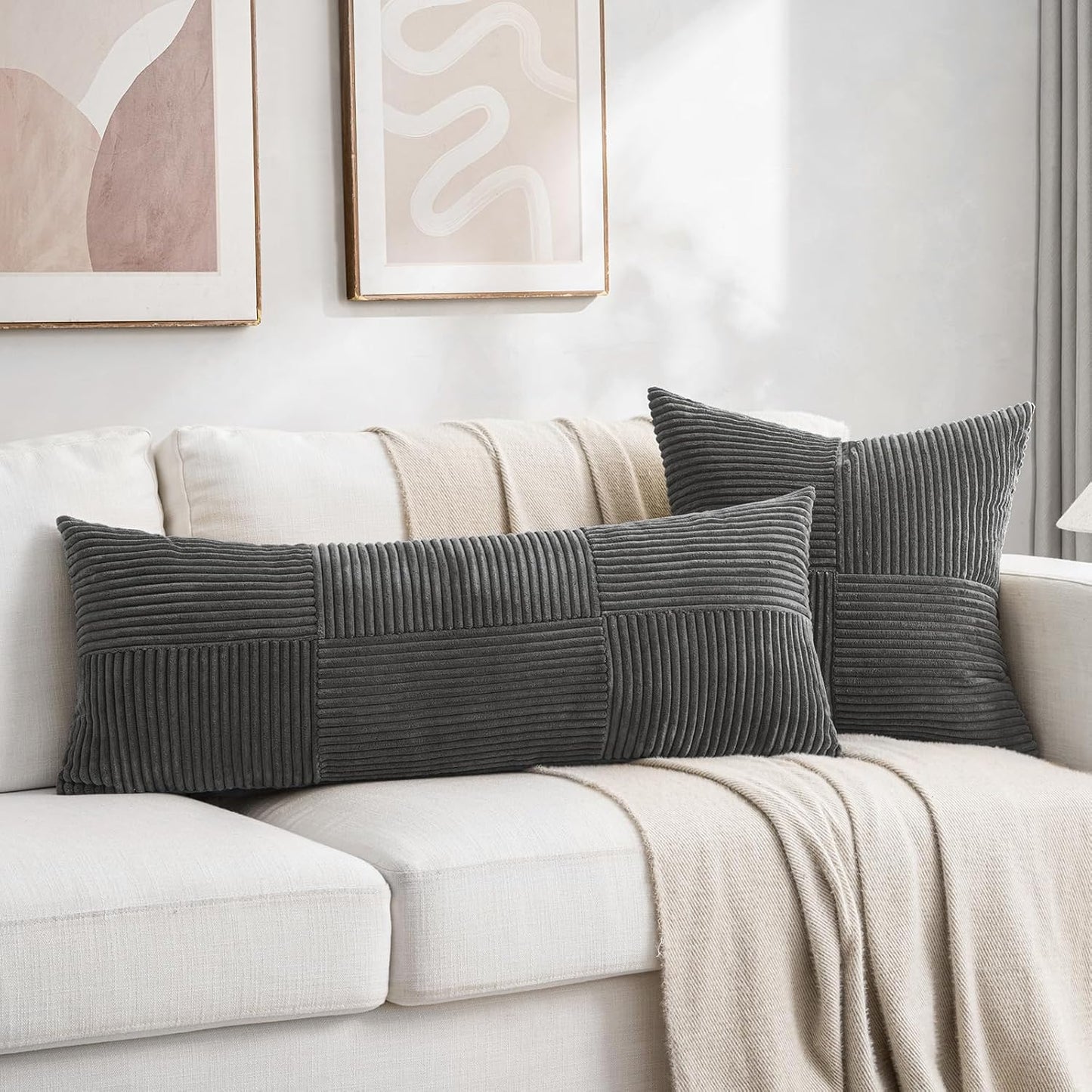 Fancy Homi 2 Packs Dark Gray Decorative Throw Pillow Covers 18x18 Inch for Living Room Couch Sofa, Rustic Farmhouse Boho Home Decor, Soft Corss Corduroy Patchwork Textured Square Cushion Case 45x45 cm