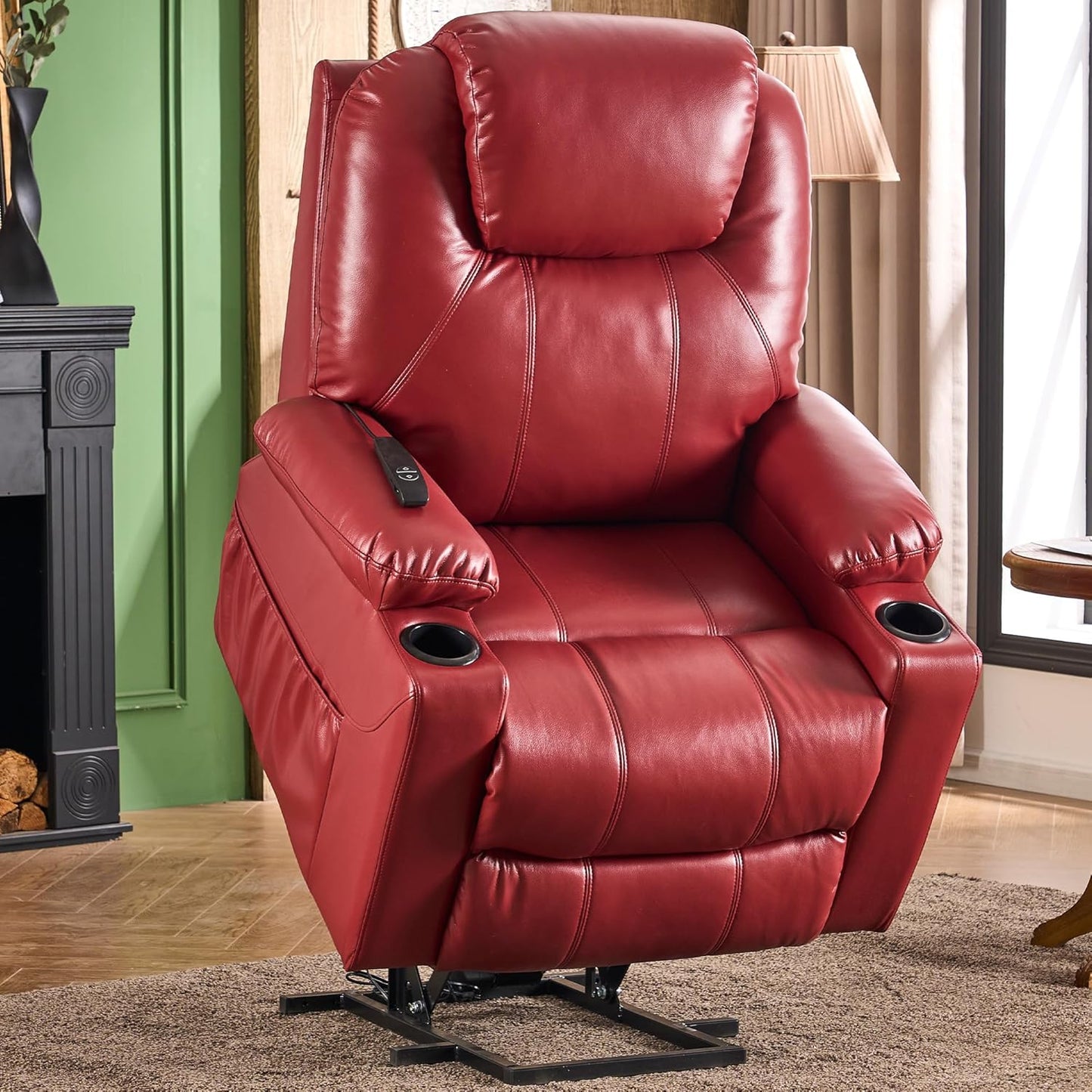 SALOHZA Power Lift Recliner Chair for Elderly with Massage and Heat for Living Room, Electric Recliner Chair for Adults with USB/Type C Port/Cup Holders, PU Faux Leather, Red