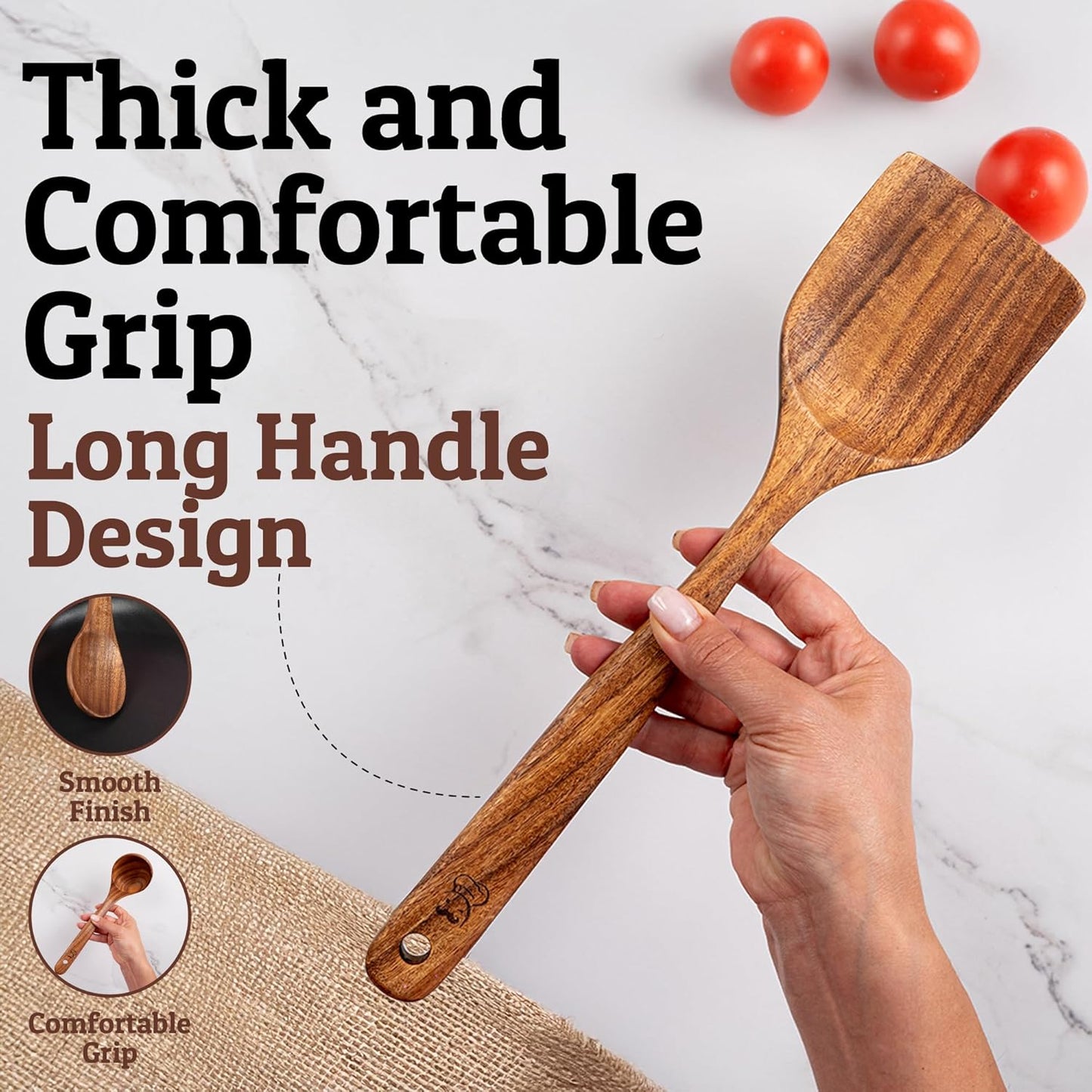 PriorityChef Premium Wooden Spoons for Cooking - 10pc with Spoon Rest and Hanging Hooks, Smooth Finish Teak Wooden Utensil Set, Heat-Resistant & Nonstick Safe, Ideal for Gifting