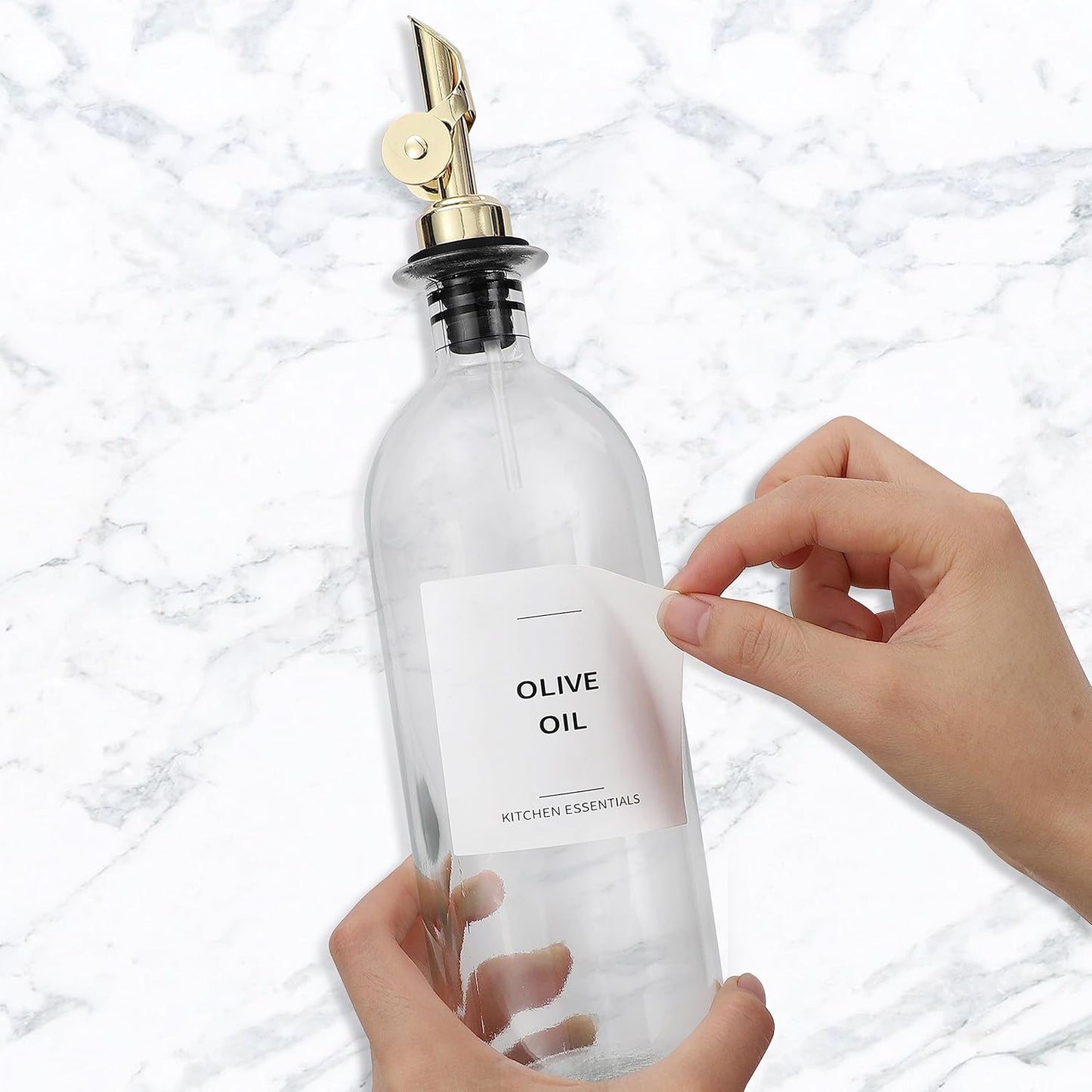 Olive Oil Dispenser Bottle - Includes 55 Kitchen Essential Labels - Cooking Oil Bottles for Kitchen, Coffee Syrup Dispenser - Pourer Spout with 16.9 fl oz Glass Container Cruet - 2pcs, Gold