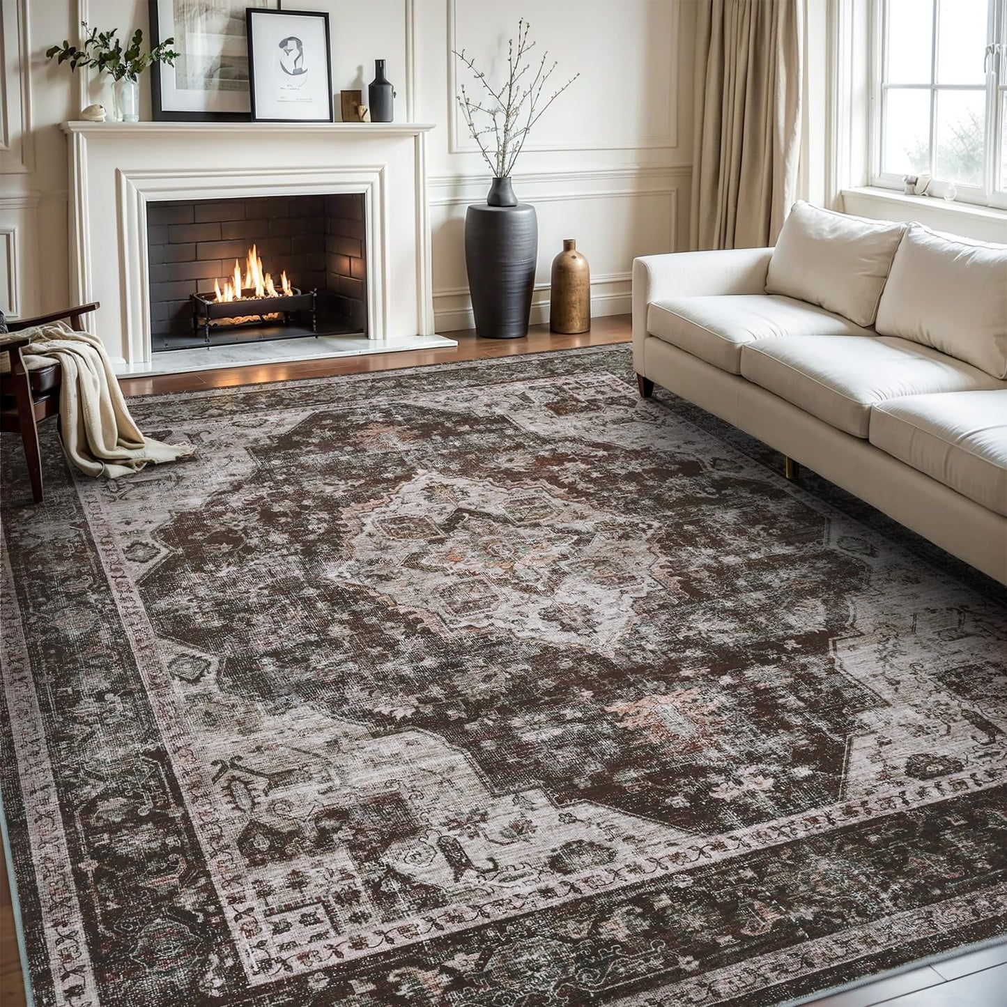 AMOAMI-Area Rug 8X10 Rugs for Living Room-Vintage Soft Brick/Brown Rugs for Bedroom-Non Slip Carpet-Washable Rug for Dining Room Living Room Bedroom Office Under Table