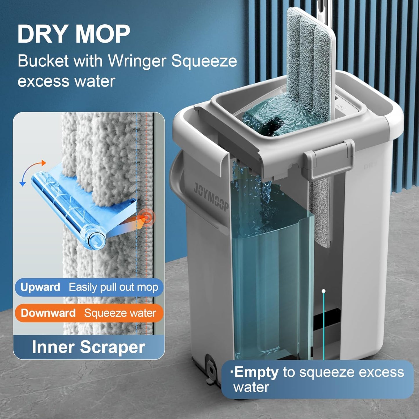 JOYMOOP Mop and Bucket with Wringer Set, Flat Squeeze Mop with Bucket (X-Large), Dust Mop for Wall Cleaner with Long Handle, Microfiber Mop - White Bucket with 3 Reusable 15" Pads