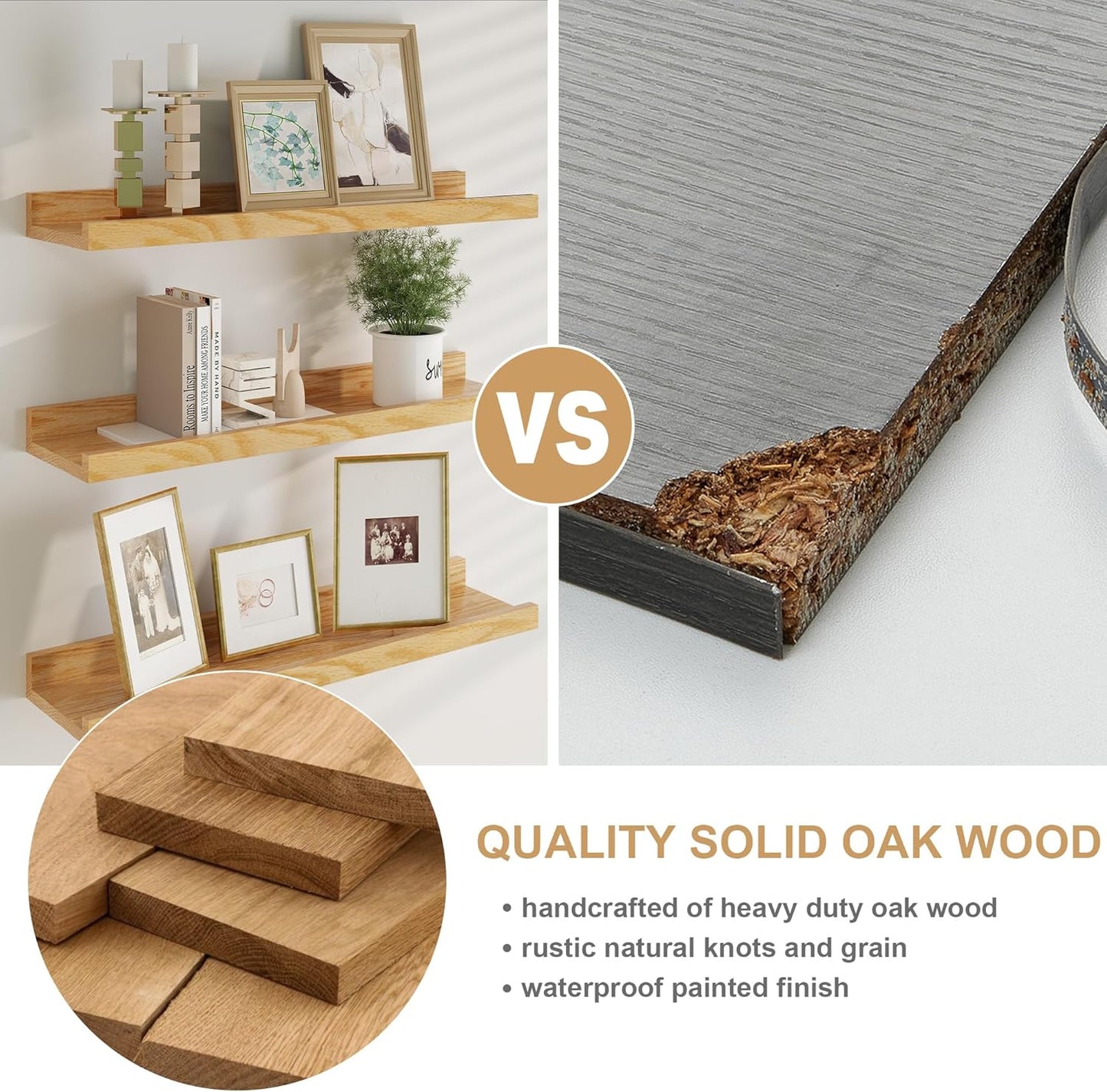 Floating Picture Ledge Shelves 36 Inch Solid Oak Wood Set of 2, Rustic Wall Storage Shelves with Lip, Kids Bookshelf, Photo & Picture Ledge Shelves for Bedroom, Living Room, Kitchen