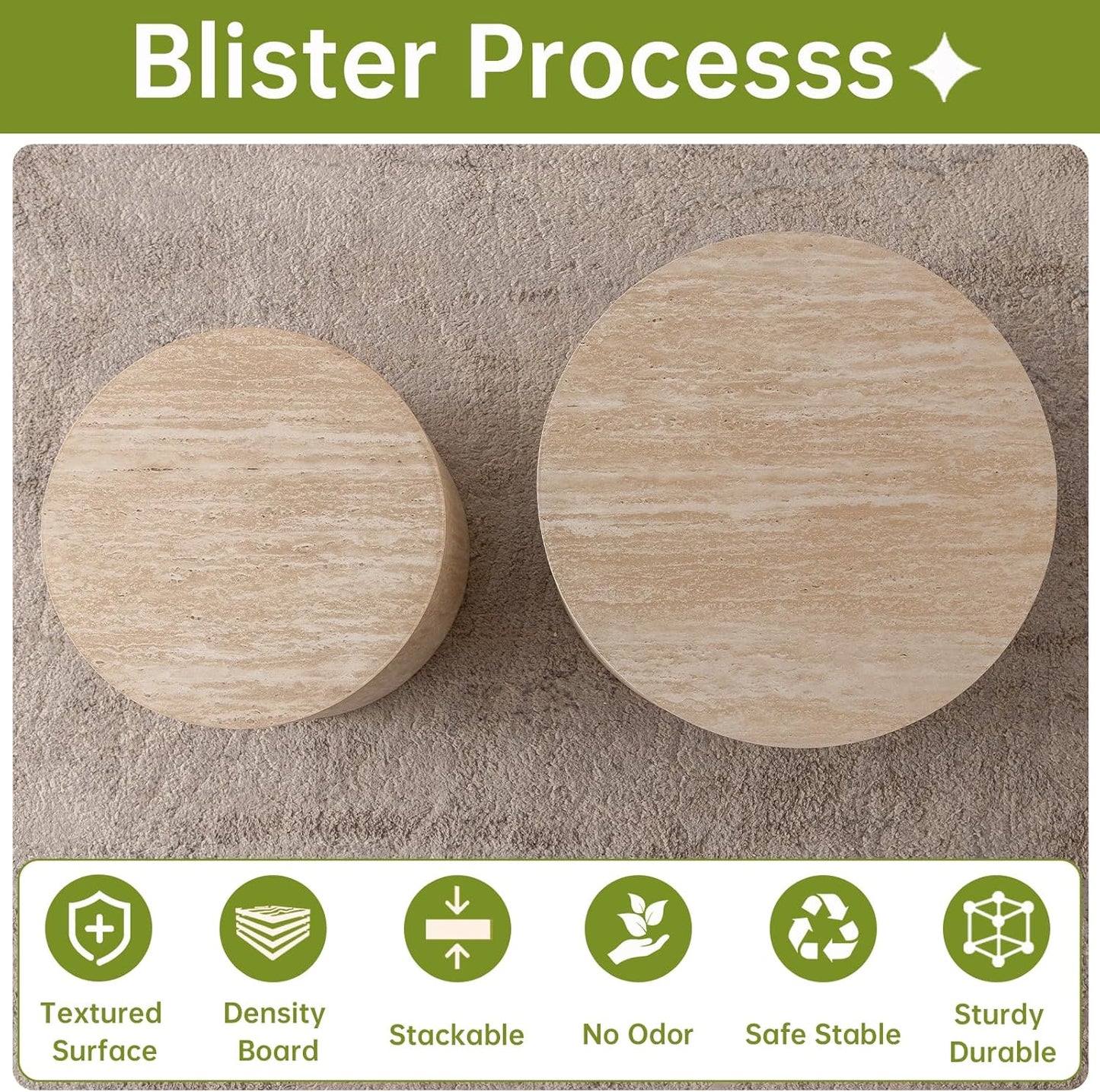 Round Nesting Coffee Table, Drum Wood Coffee Table Set of 2 Travertine-Color, Modern Nesting Tables Circle Center Table 2 Piece for Small Spaces Living Room Bedroom Balcony Office, No Assembling