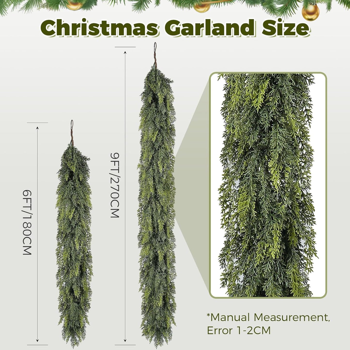 9 ft Christmas Garland, Cedar Garland, Real Touch Cypress Garlands, Green Artificial Greenery Garland for Mantel Indoor Outdoor Christmas Decorations