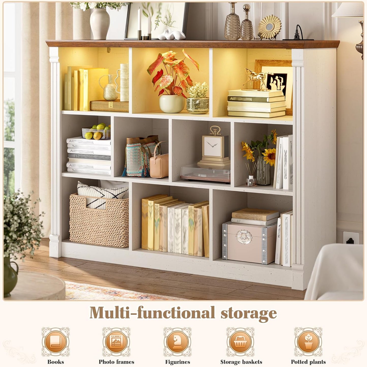 EnHomee 10 Cube Storage Organizer with LED Light and Charging Station Wood Cube Shelf White Bookshelf for Bedroom Living Room,Office,White