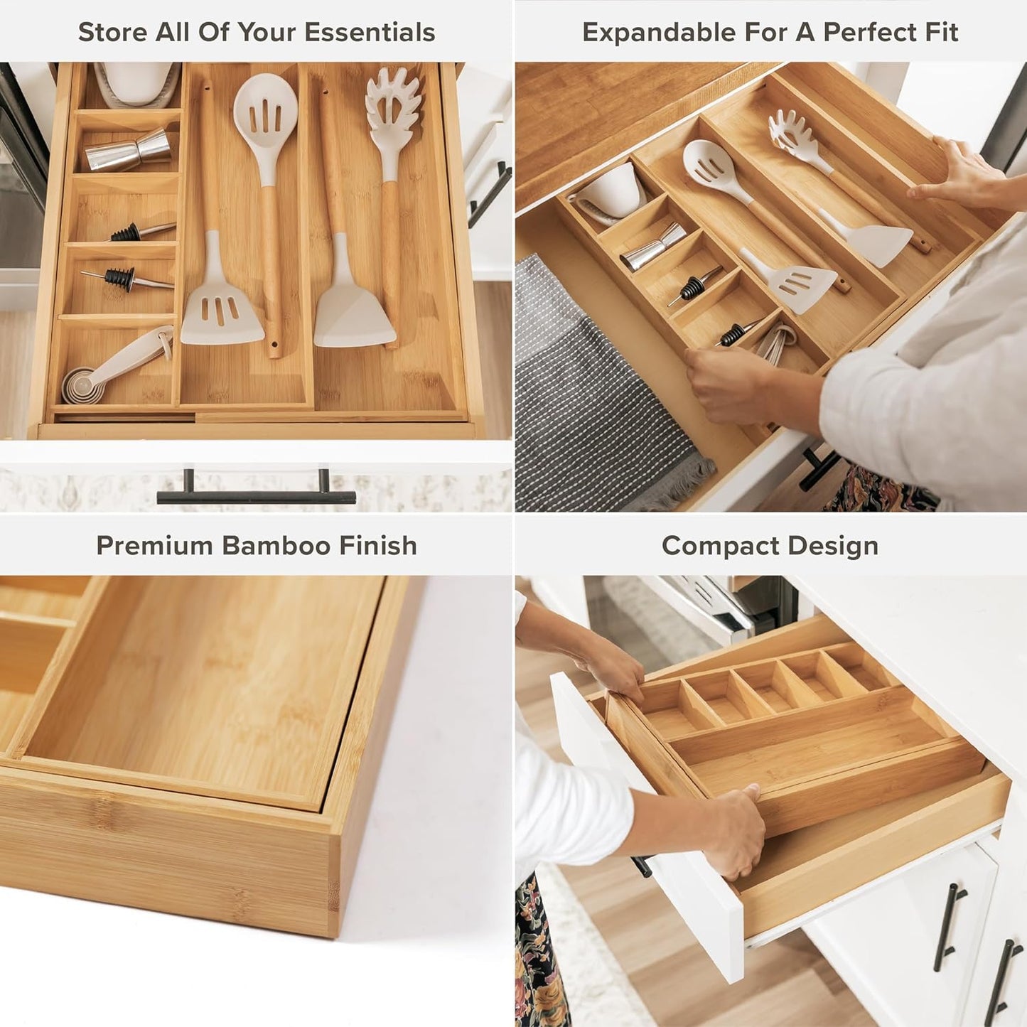 Adjustable Kitchen Drawer Organizer for Utensils and Junk, Food-Safe Contract Grade with 100% Sustainable Wood, Expandable from 10.5 to 19 Inches Wide - Natural Bamboo