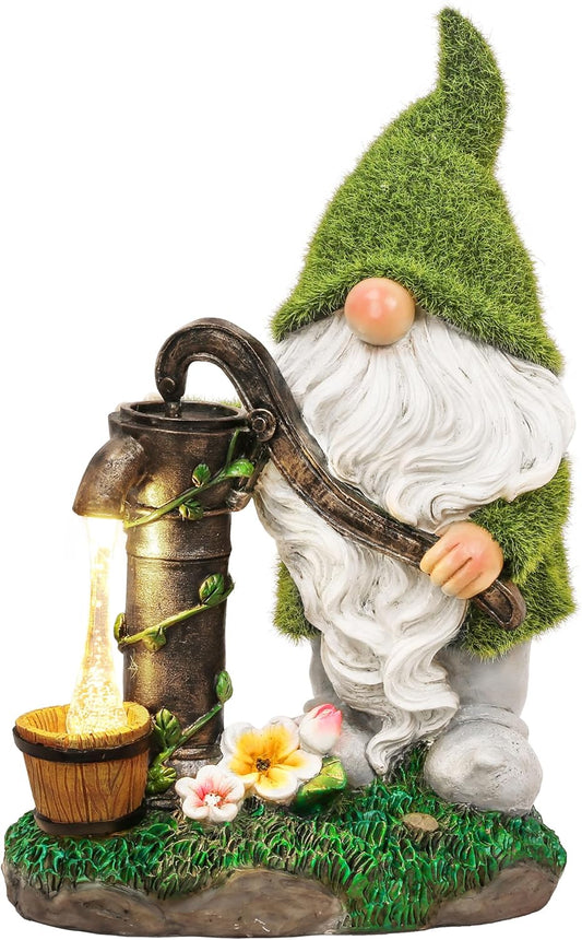 TERESA'S COLLECTIONS Resin Garden Gnomes Decor with Solar Lights, Fathers Gifts, Green Outdoor Decorations for Porch Patio, Gifts for Dad and Mom，Outdoor Garden Decor Ornaments for Outside, 10"