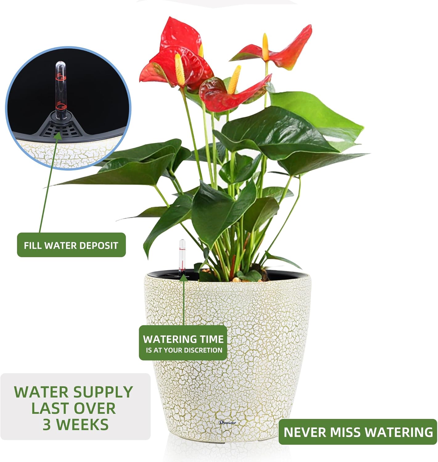 Dexceder 15x14 Self Watering Planter with Wheels Indoor Outdoor, Inner Pot Design, Thickened Large Floor Standing Flower Plant Pot with Water Level Indicator (White Gold Crackle)