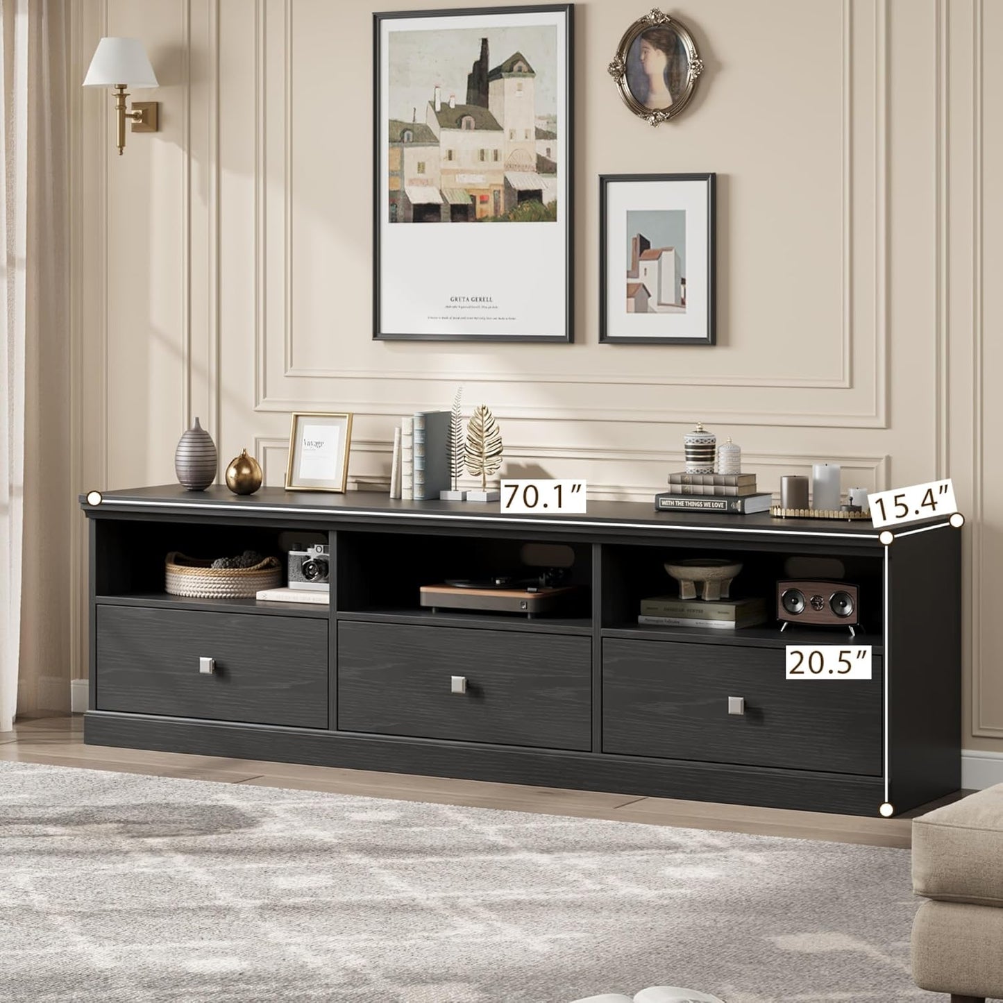 IDEALHOUSE 70in TV Stand for TVs up to 80", Mid Century Modern Entertainment Center with Storage Drawer and Open Shelves, TV Console Media Cabinet for Living Room, Bedroom, Black