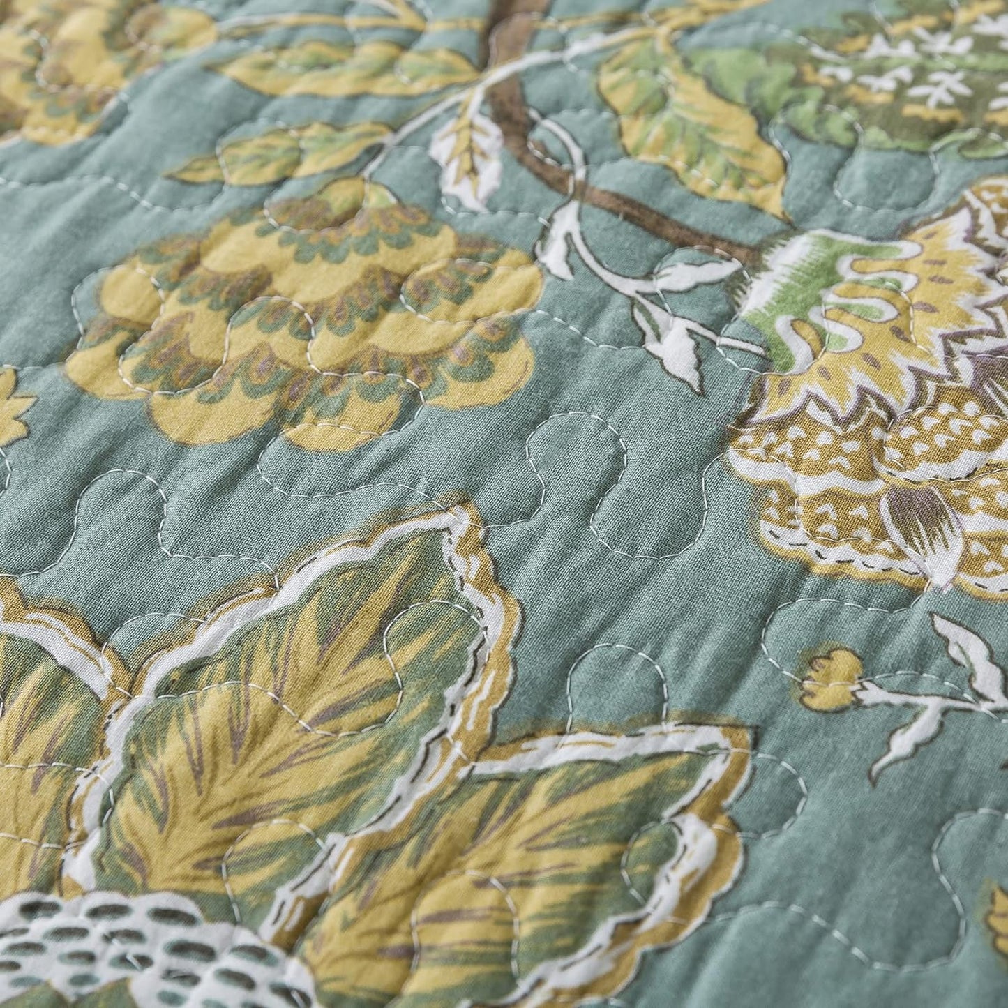 NEWLAKE Cotton Bedspread Quilt Sets-Reversible Patchwork Coverlet Set, Green Floral Pattern, Queen Size