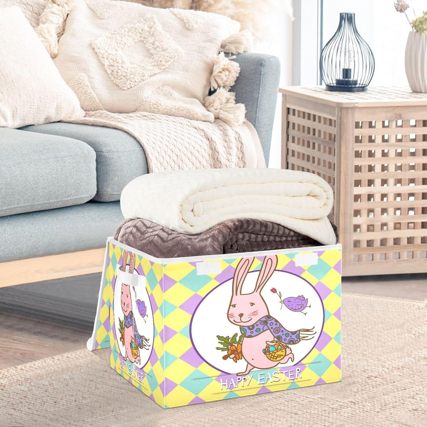 susiyo Easter Bunny Illustration fabric storage baskets with lids,Collapsible Storage Boxes,Foldable storage boxes with handles for Home,Office,Closet Organization