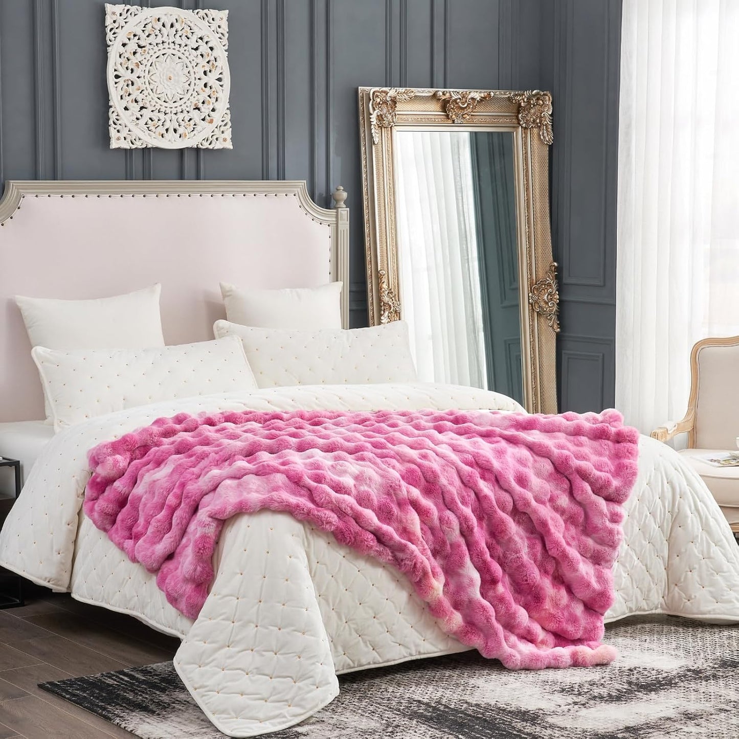 Cozy Bliss Faux Fur Throw Blanket for Couch, Fuzzy Soft Plush Thick Bubble Blanket for Sofa Bedroom Living Room, 60 * 80 Inches Tie Dye Pink