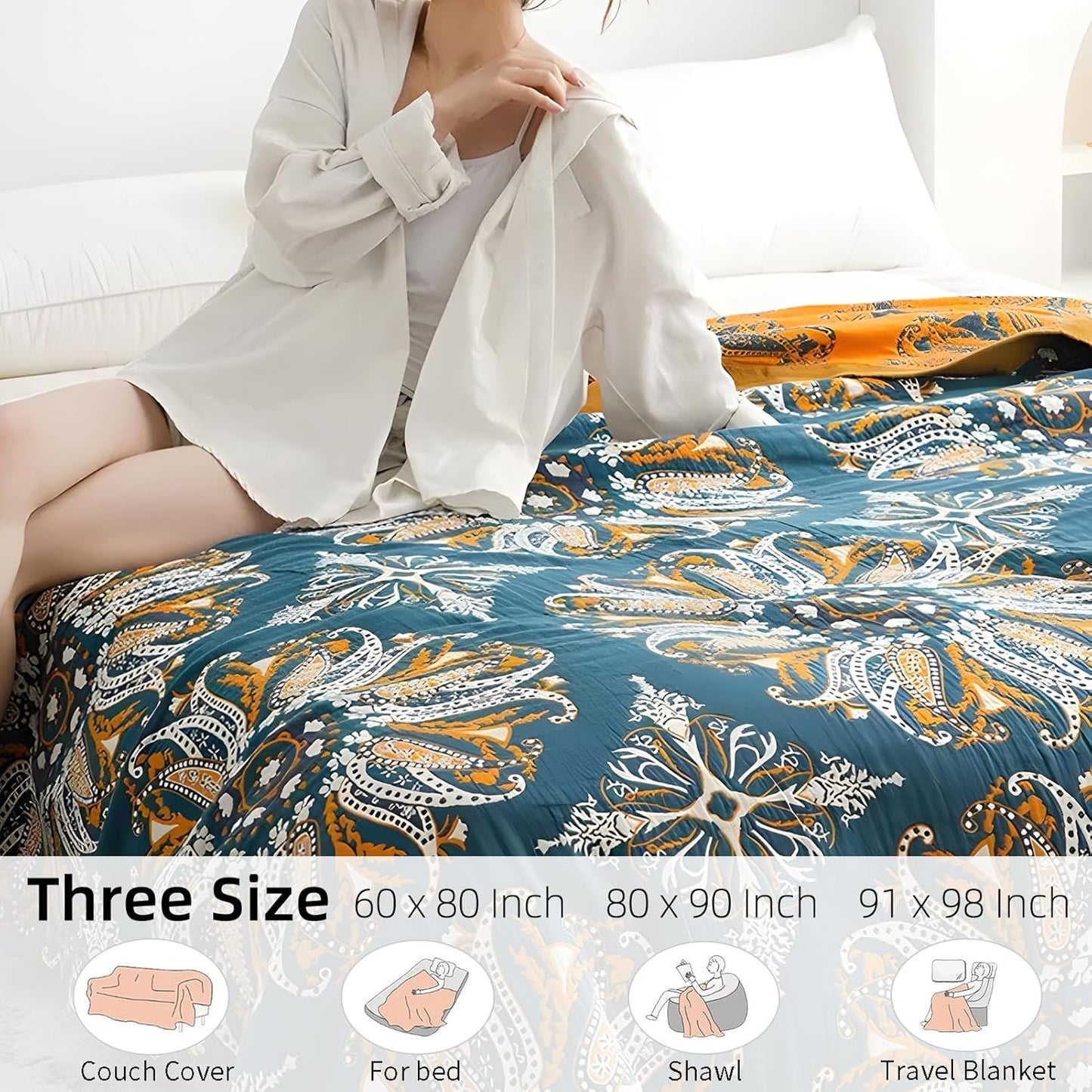 Boho Throw Blanket for Bed - 100% Pure Cotton Ultra Soft Rustic Quilt - Farmhouse Decor Bed Blankets, All Season Rustic Throw for Sofa Couch Chair(80''x 90'', Boho Floral)