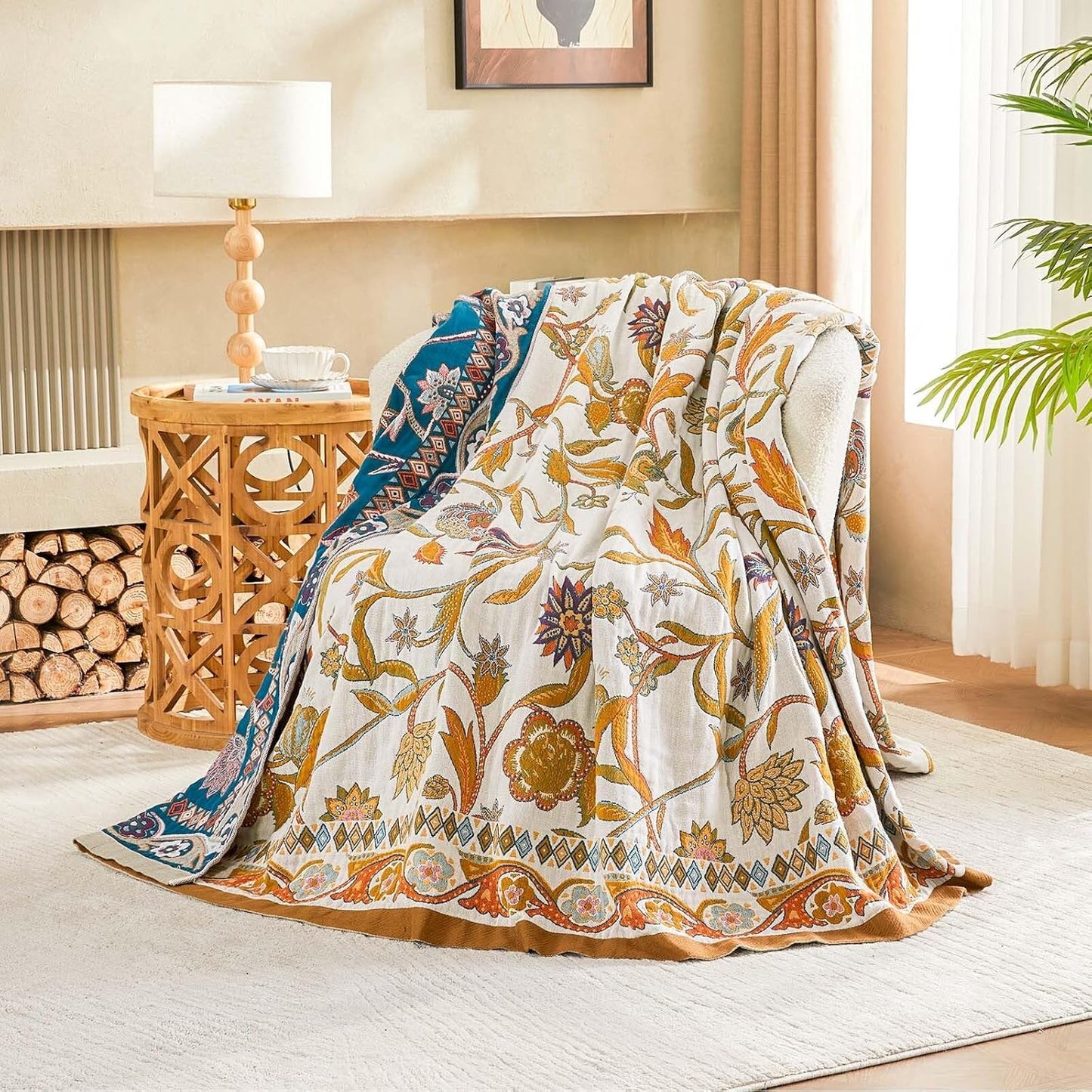 Fall Throw Blanket for Couch, Brown Boho Decorative Throw Blanket, 100% Cotton Muslin Breathable Woven Farmhouse Blankets Quilt, 60"x80" Reversible Lightweight Blankets Bohemian Throw Quilt